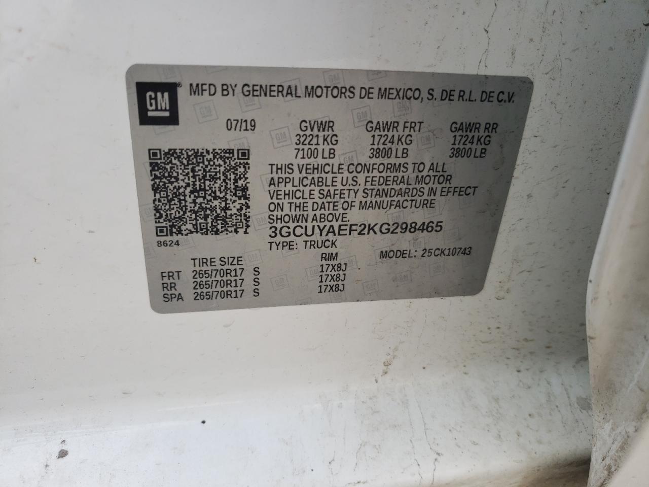 2019 Chevrolet Silverado K1500 VIN: 3GCUYAEF2KG298465 Lot: 63131784