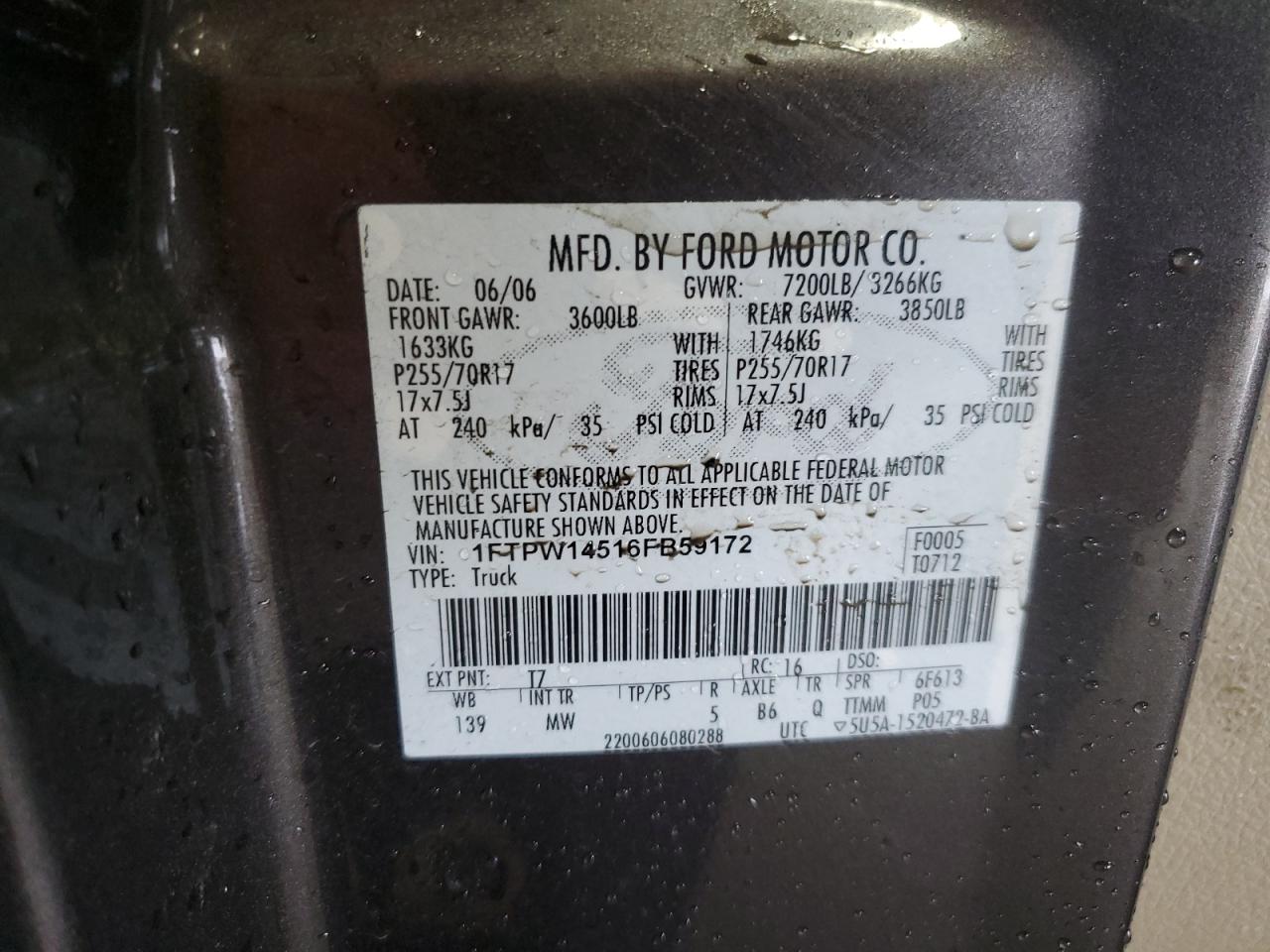 2006 Ford F150 Supercrew VIN: 1FTPW14516FB59172 Lot: 62585164