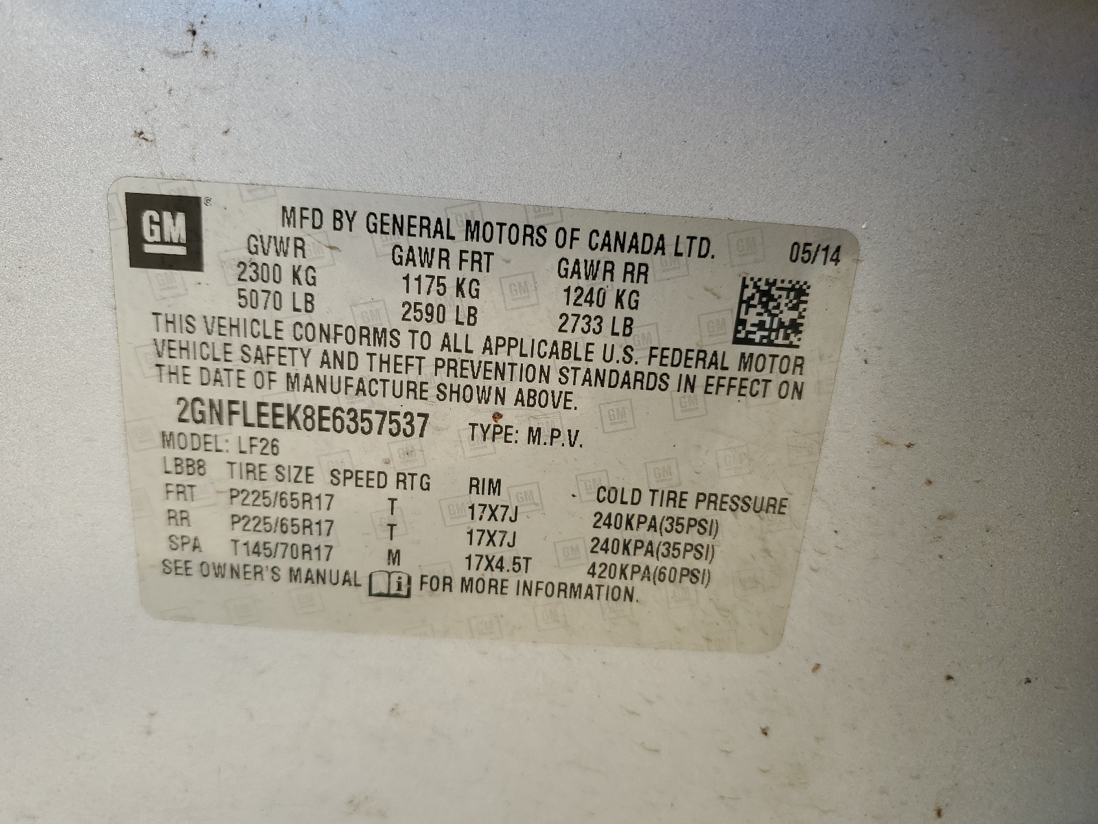 2GNFLEEK8E6357537 2014 Chevrolet Equinox Ls