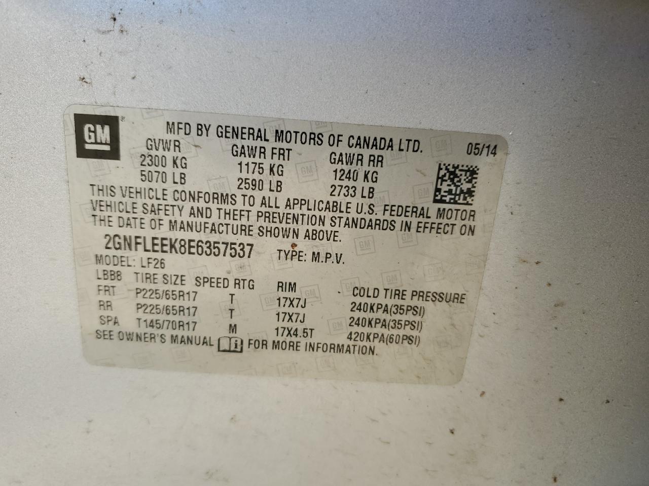 2014 Chevrolet Equinox Ls VIN: 2GNFLEEK8E6357537 Lot: 62418424