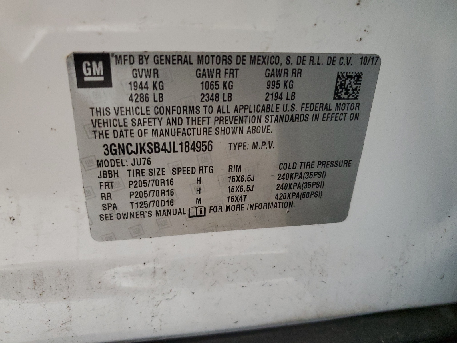 3GNCJKSB4JL184956 2018 Chevrolet Trax Ls