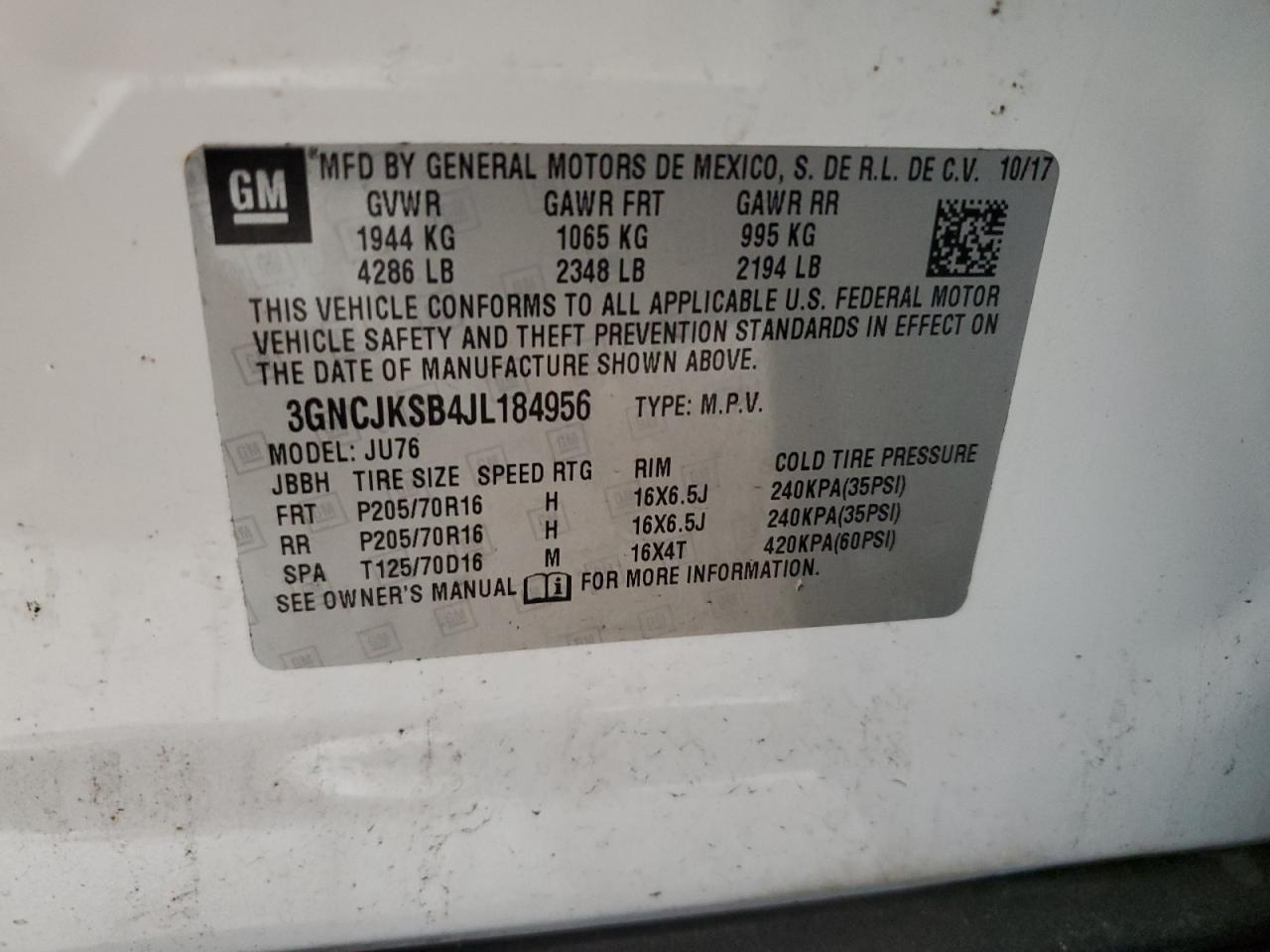 2018 Chevrolet Trax Ls VIN: 3GNCJKSB4JL184956 Lot: 63115264