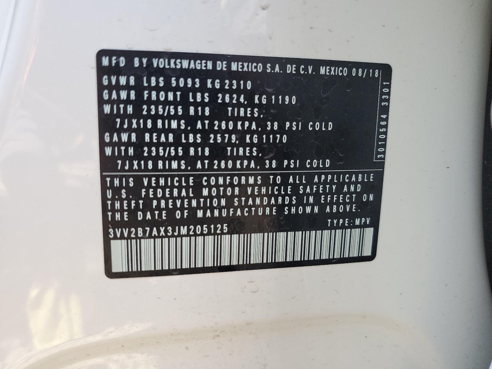 3VV2B7AX3JM205125 2018 Volkswagen Tiguan Se