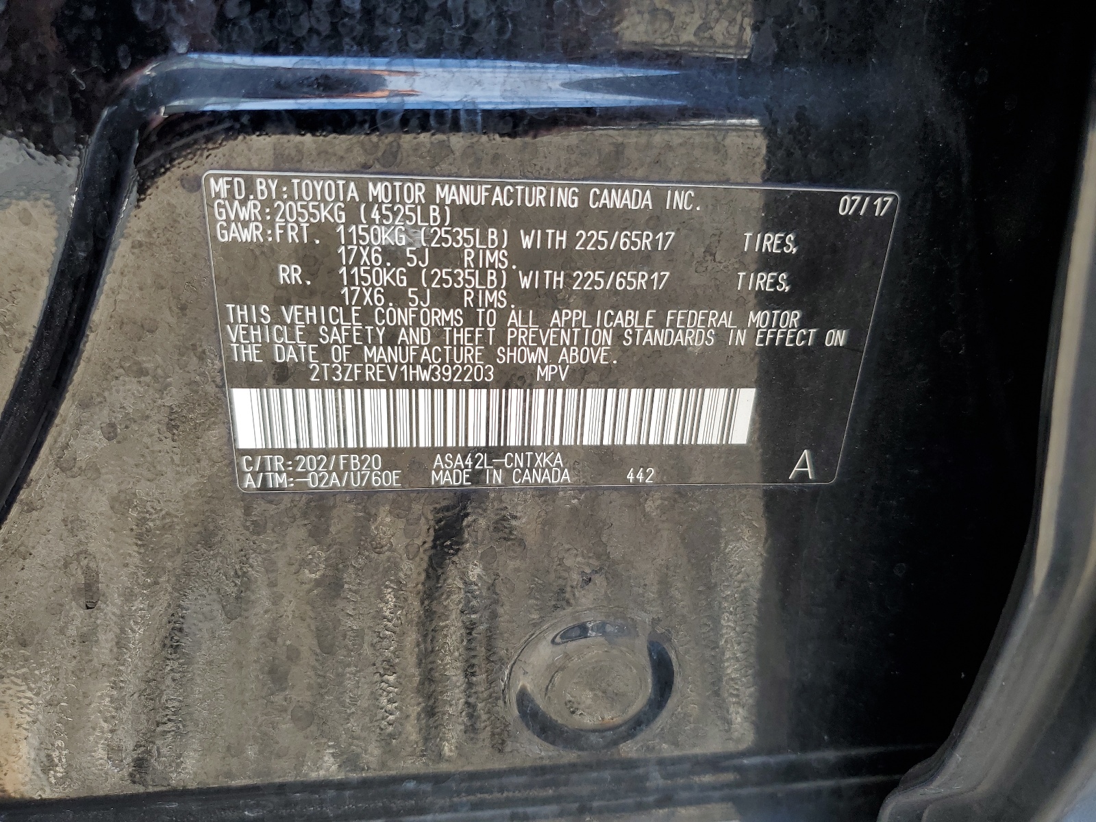 2T3ZFREV1HW392203 2017 Toyota Rav4 Le