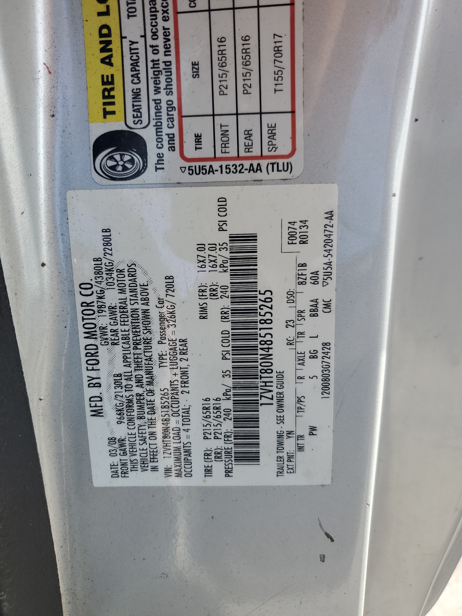 1ZVHT80N485185265 2008 Ford Mustang