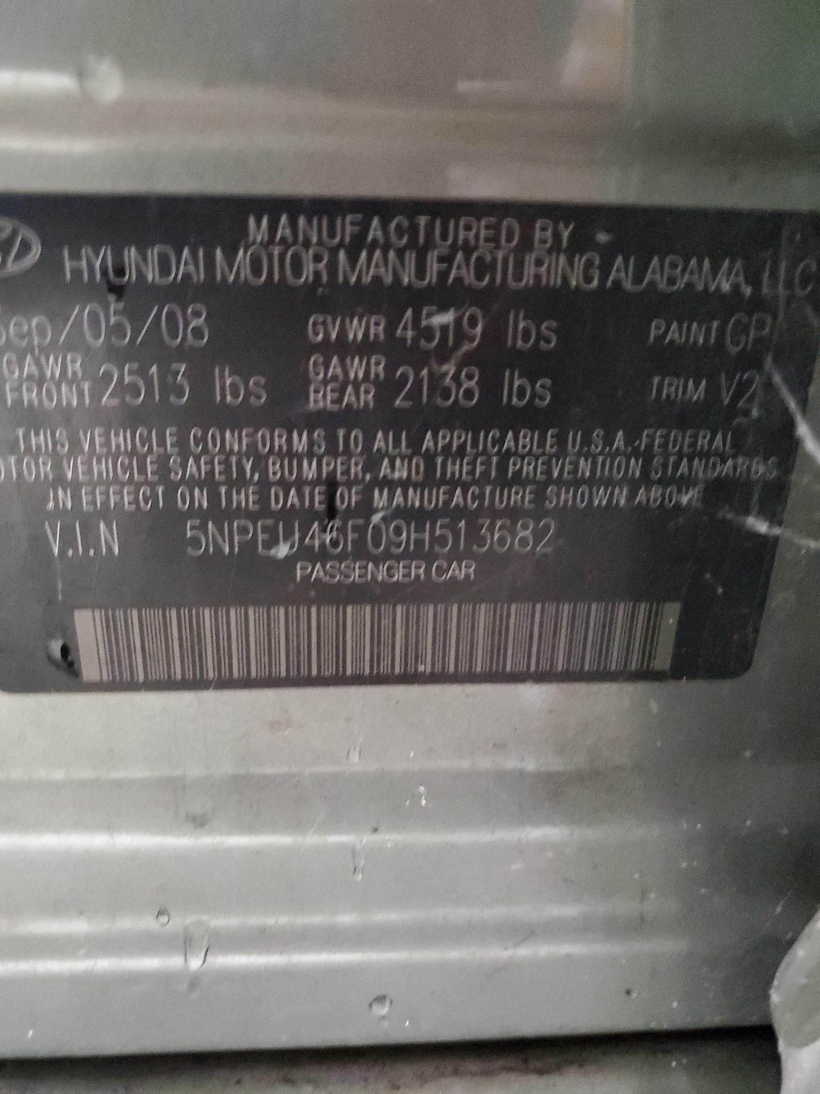 5NPEU46F09H513682 2009 Hyundai Sonata Se