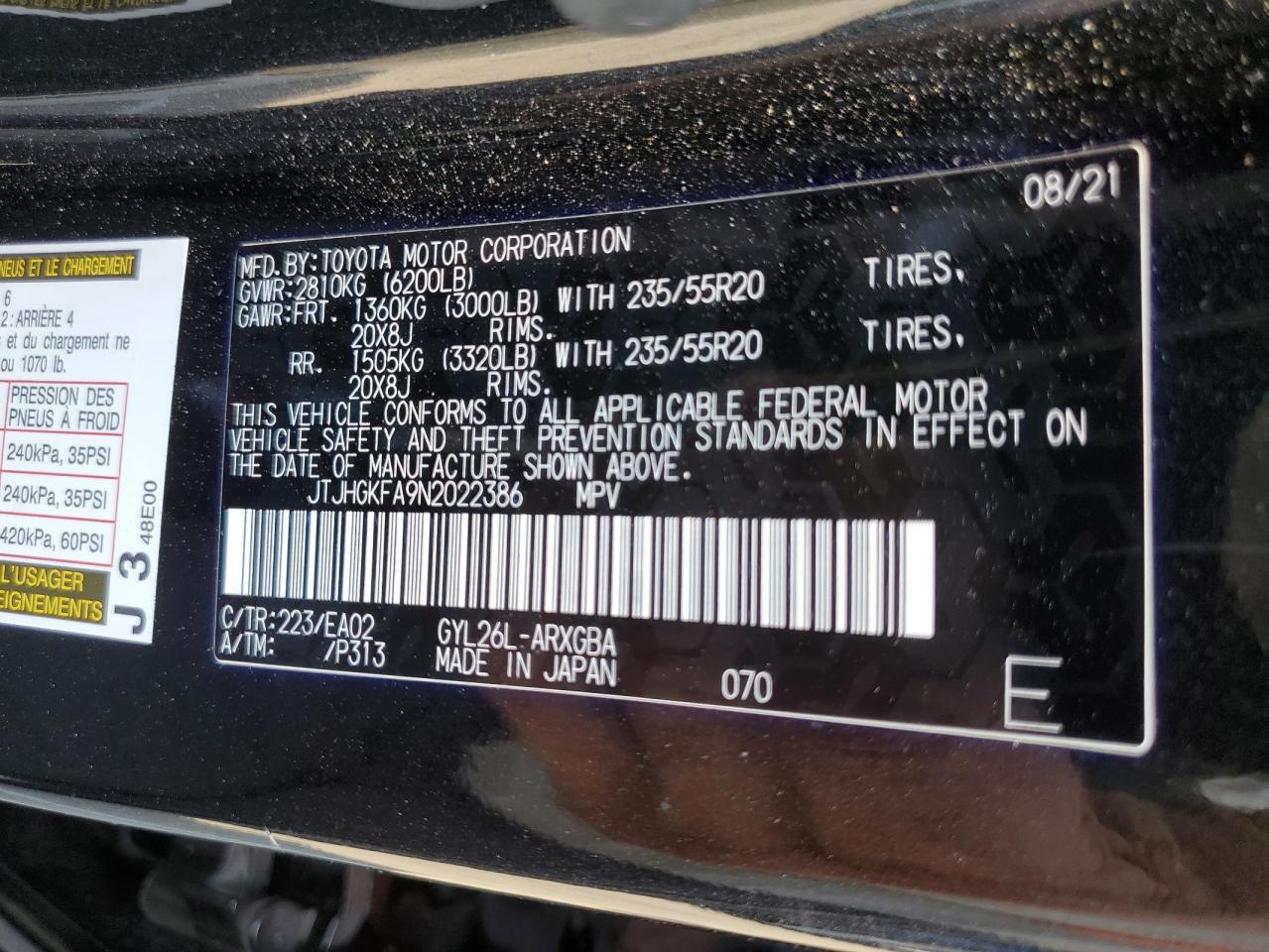 2022 Lexus Rx 450H L VIN: JTJHGKFA9N2022386 Lot: 62386894