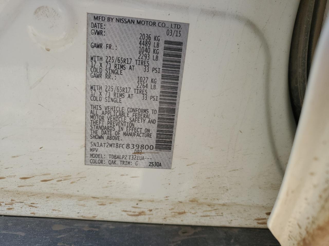 2015 Nissan Rogue S VIN: 5N1AT2MT8FC839800 Lot: 63364164