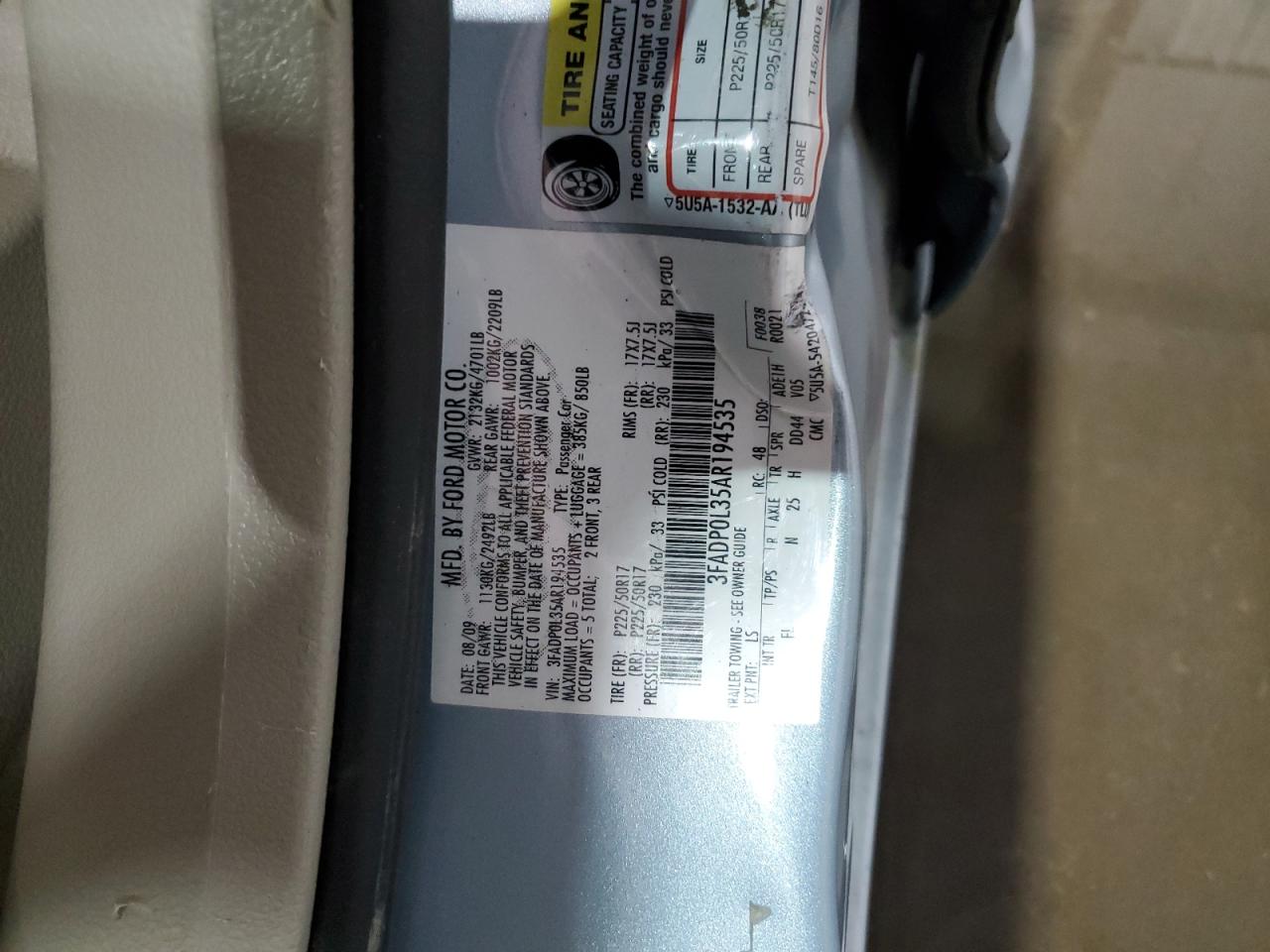 2010 Ford Fusion Hybrid VIN: 3FADP0L35AR194535 Lot: 62234494