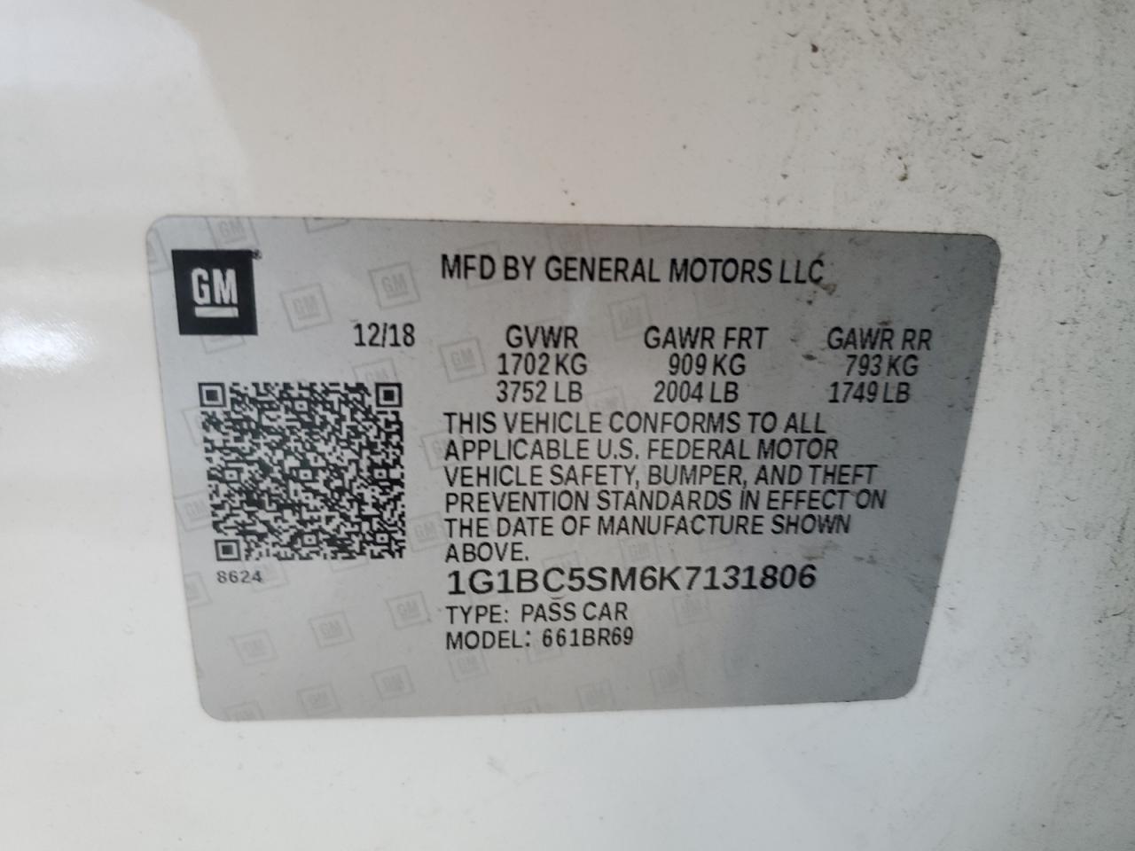 2019 Chevrolet Cruze Ls VIN: 1G1BC5SM6K7131806 Lot: 61541714