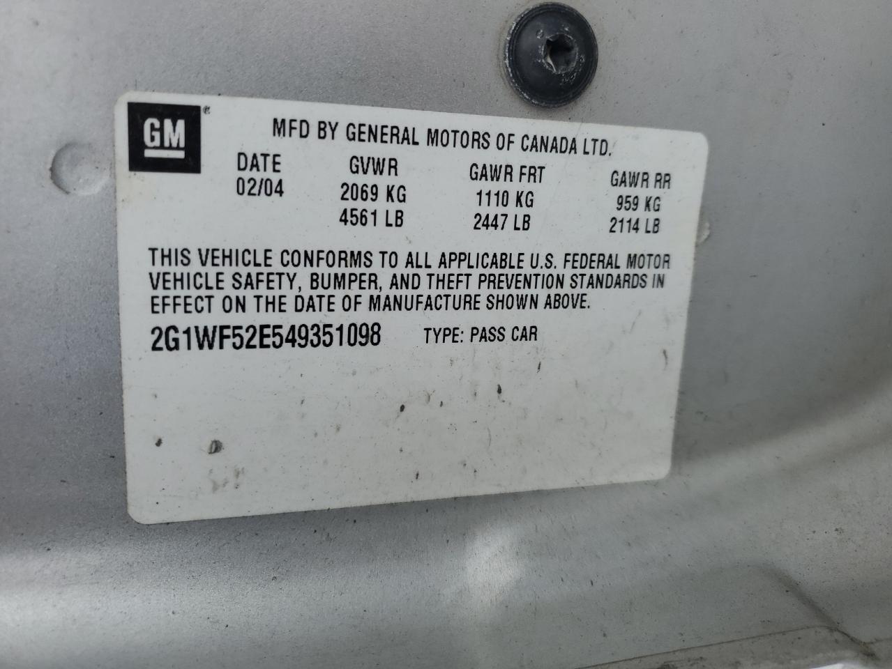 2004 Chevrolet Impala VIN: 2G1WF52E549351098 Lot: 61911574