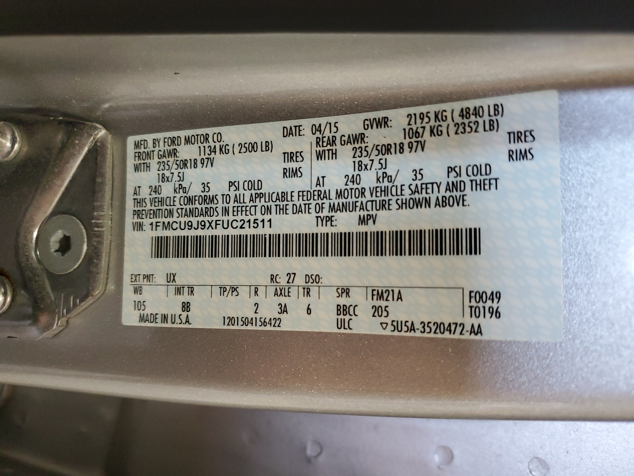 1FMCU9J9XFUC21511 2015 Ford Escape Titanium