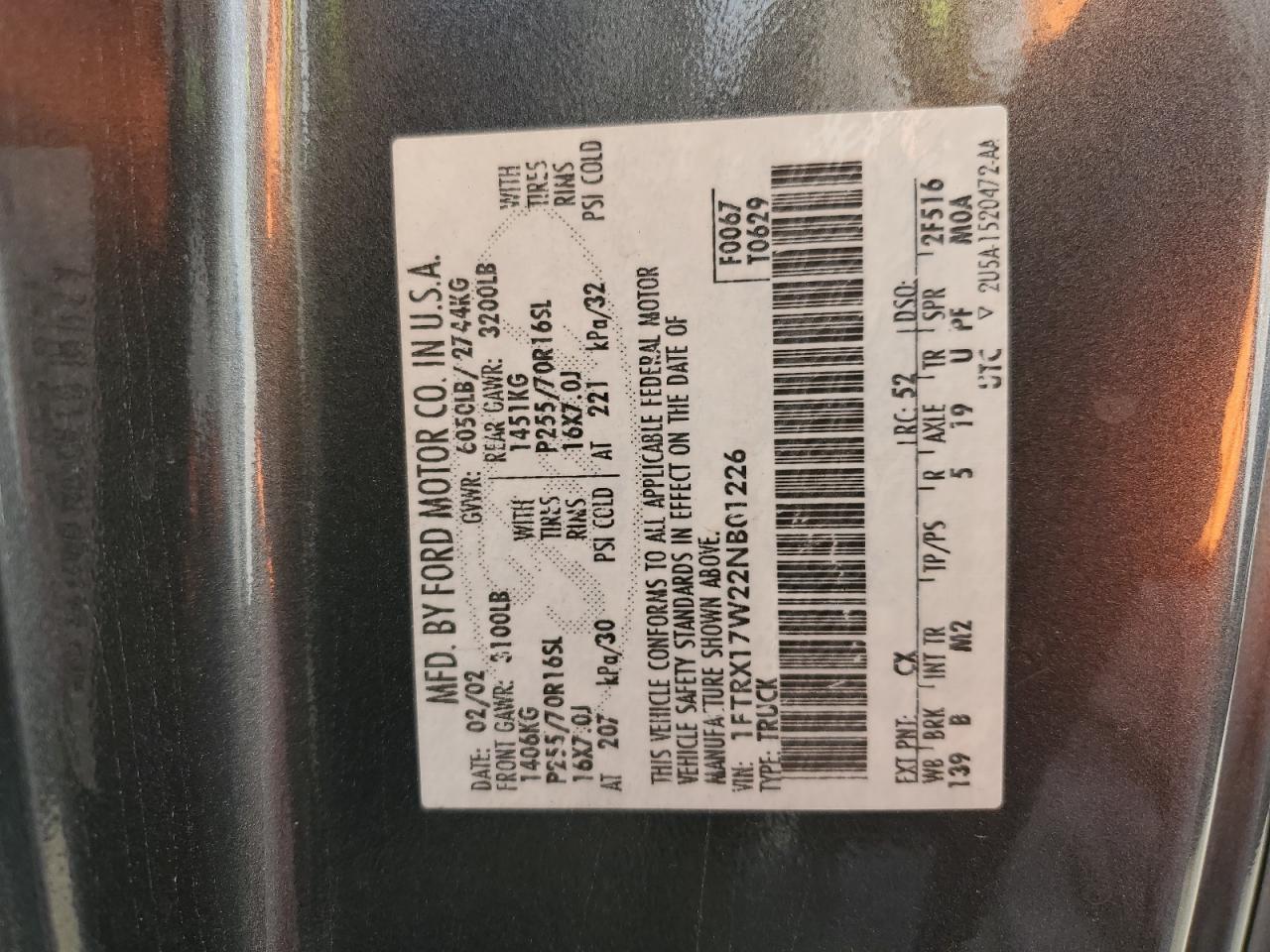 2002 Ford F150 VIN: 1FTRX17W22NB01226 Lot: 60760294