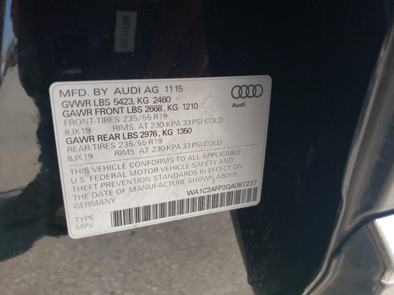 2016 Audi Q5 Premium VIN: WA1C2AFP2GA087237 Lot: 64935564