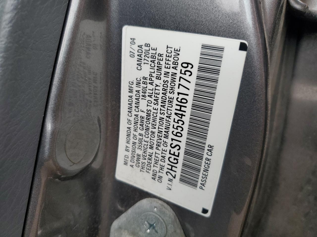 2004 Honda Civic Lx VIN: 2HGES16554H617759 Lot: 64458154