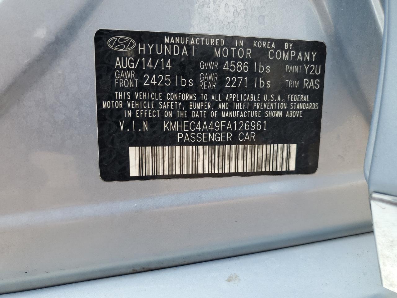 2015 Hyundai Sonata Hybrid VIN: KMHEC4A49FA126961 Lot: 64058044