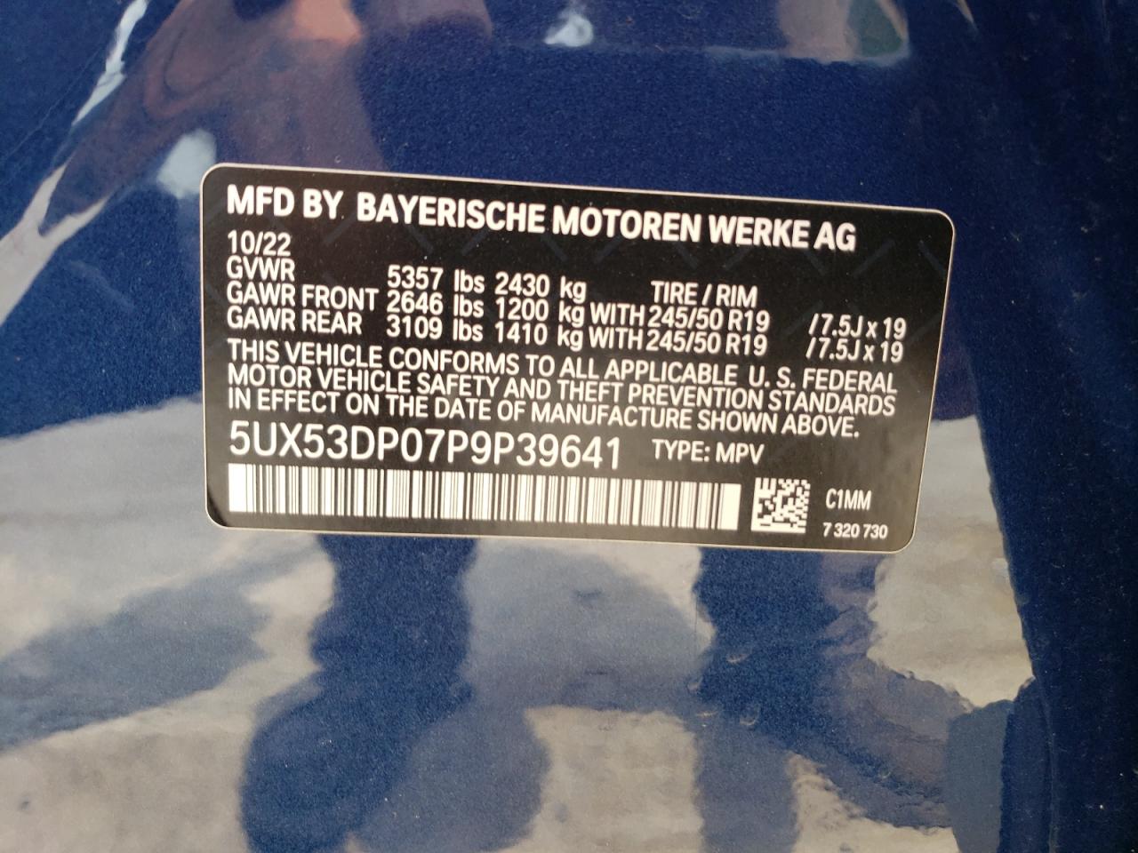 2023 BMW X3 xDrive30I VIN: 5UX53DP07P9P39641 Lot: 62947834