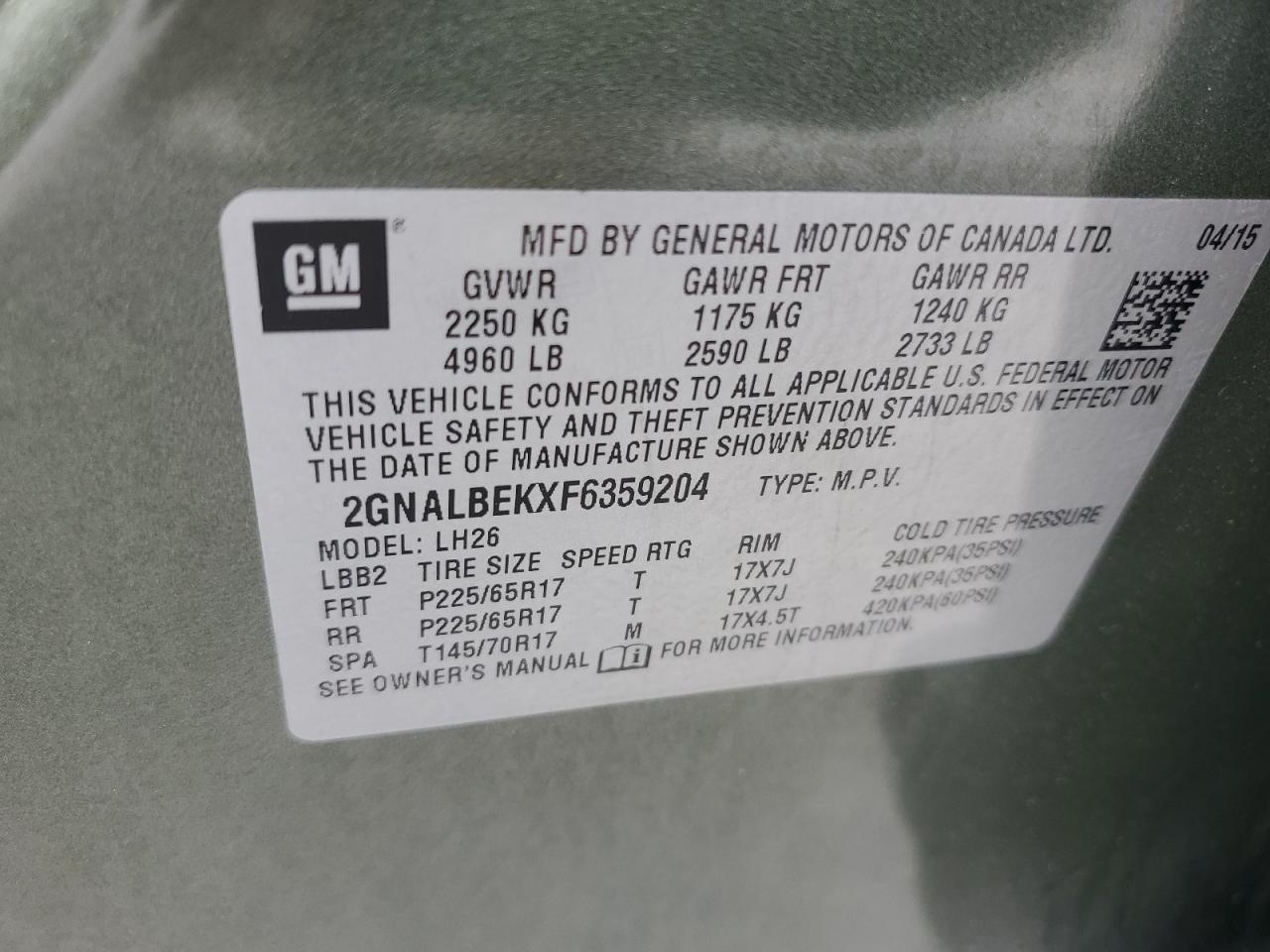 2015 Chevrolet Equinox Lt VIN: 2GNALBEKXF6359204 Lot: 61877194