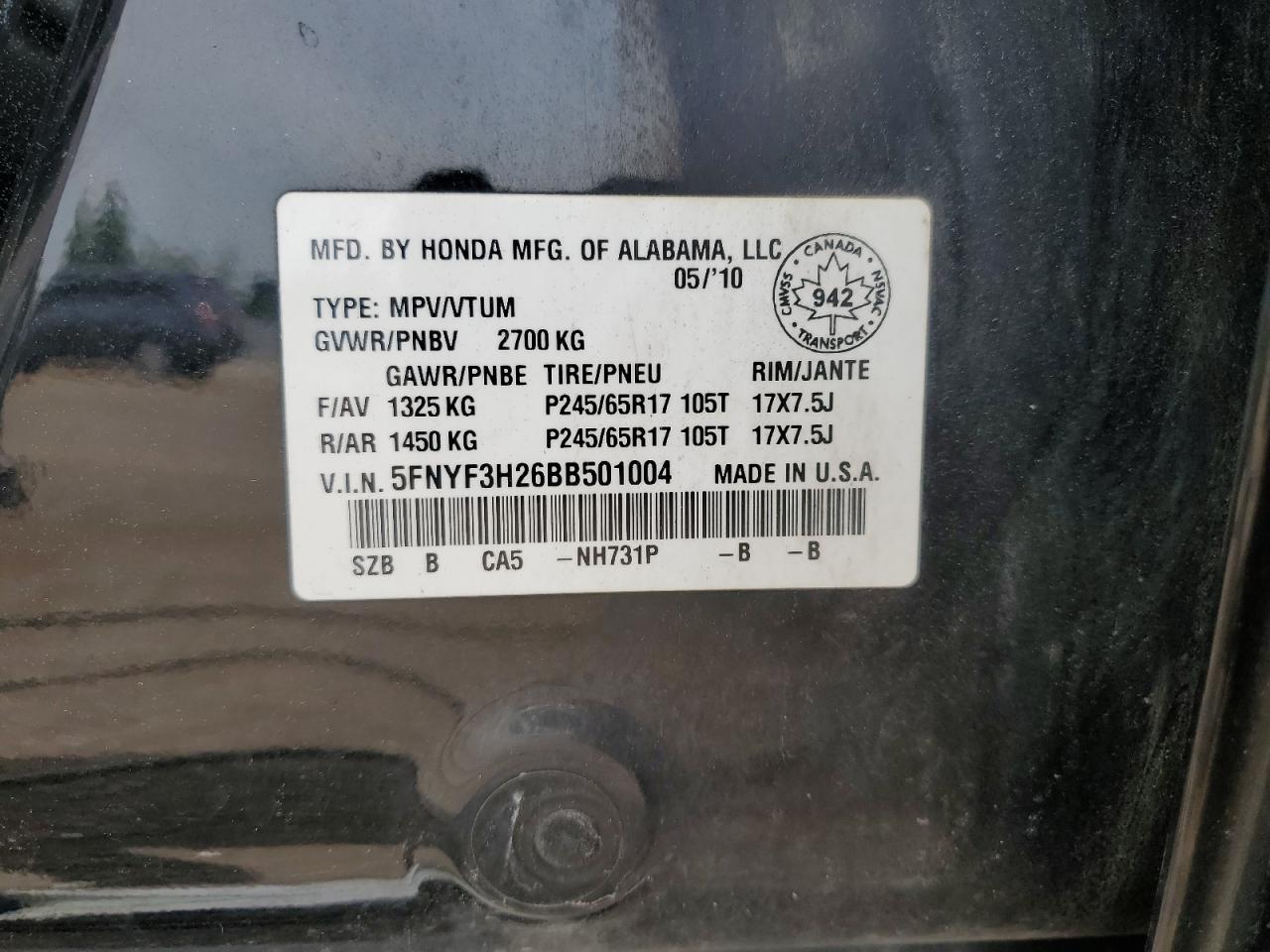 2011 Honda Pilot Lx VIN: 5FNYF3H26BB501004 Lot: 61502674