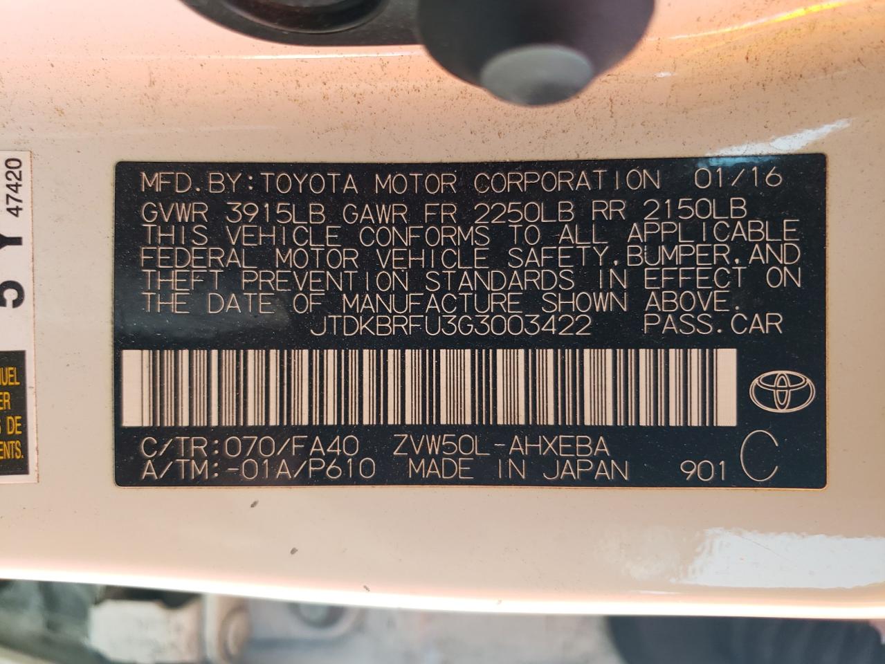 2016 Toyota Prius VIN: JTDKBRFU3G3003422 Lot: 64749344