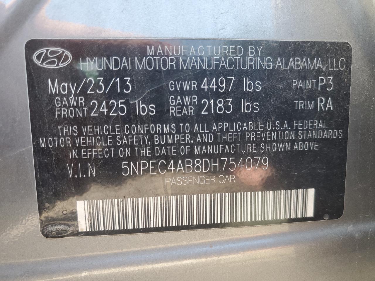 2013 Hyundai Sonata Se VIN: 5NPEC4AB8DH754079 Lot: 63690794