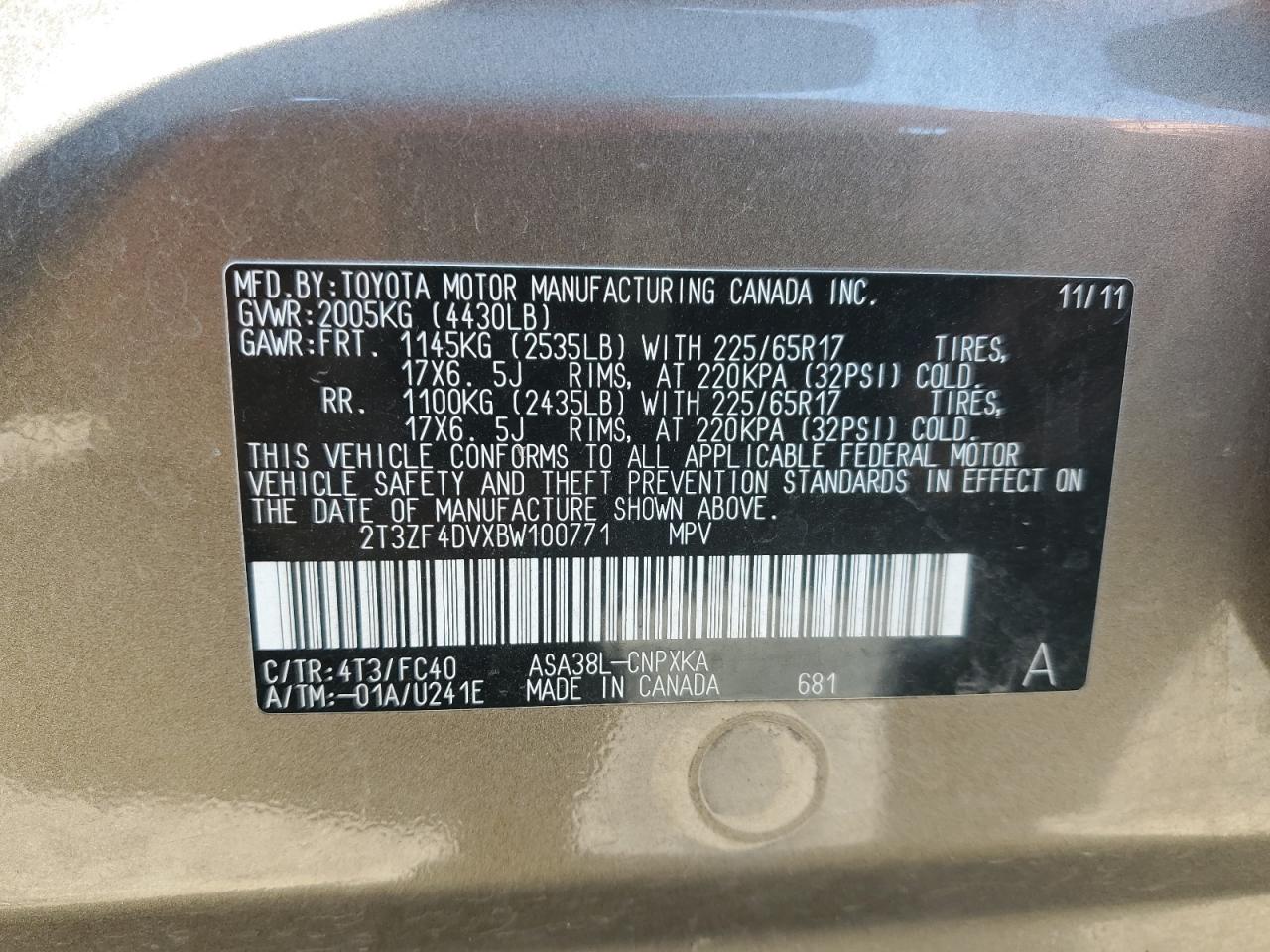 2011 Toyota Rav4 VIN: 2T3ZF4DVXBW100771 Lot: 63613274