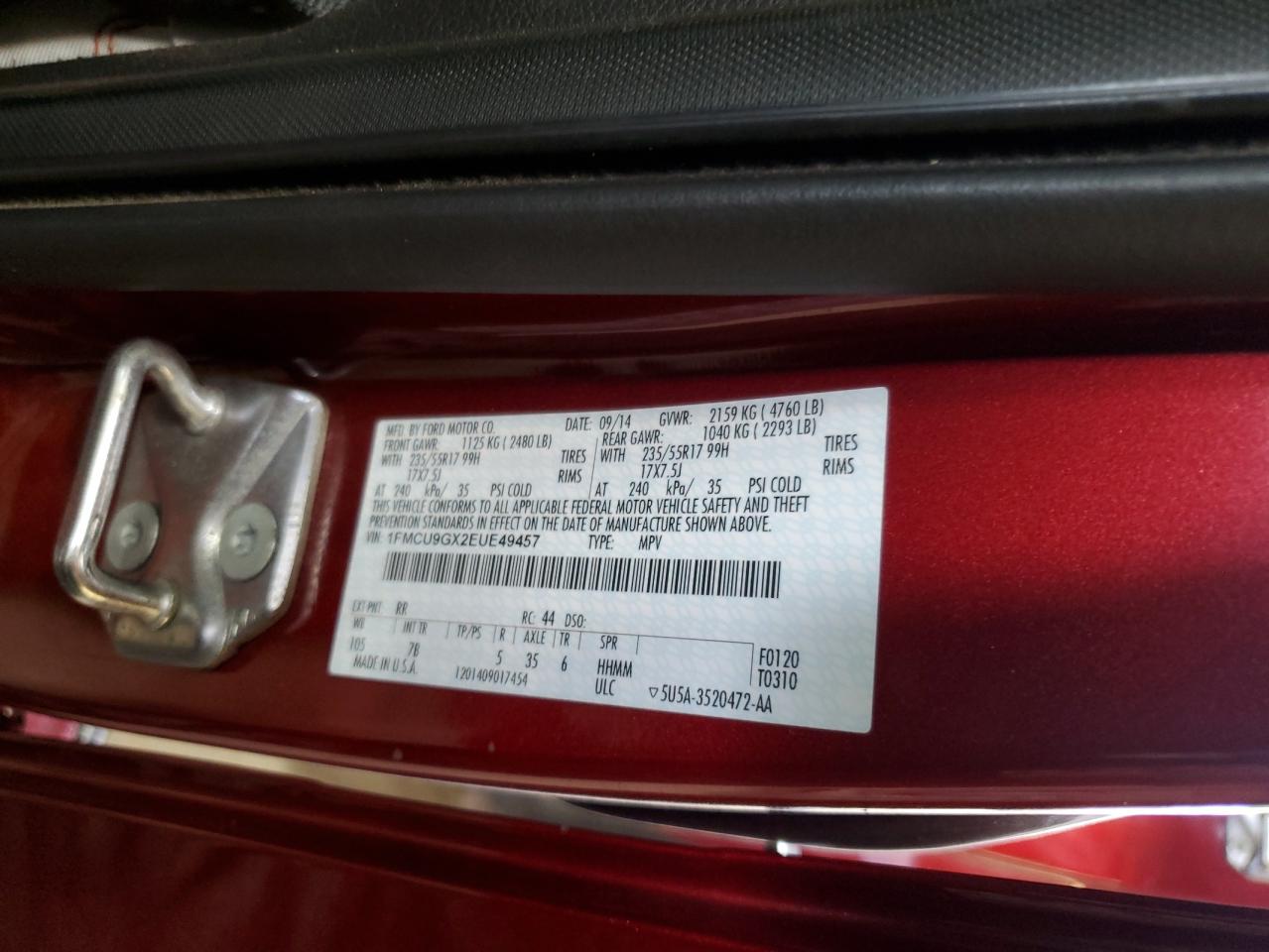 2014 Ford Escape Se VIN: 1FMCU9GX2EUE49457 Lot: 64297724