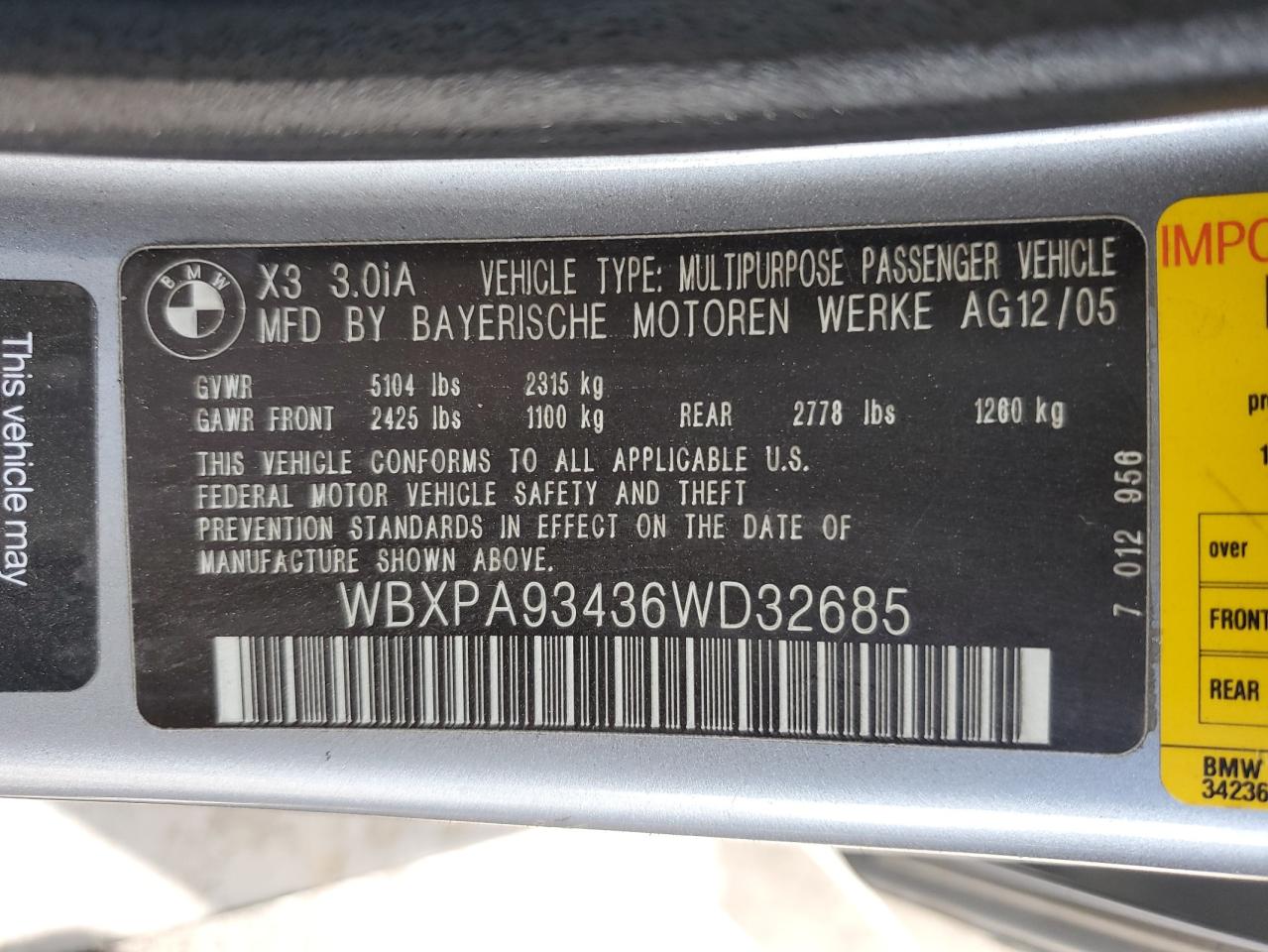 WBXPA93436WD32685 2006 BMW X3 3.0I