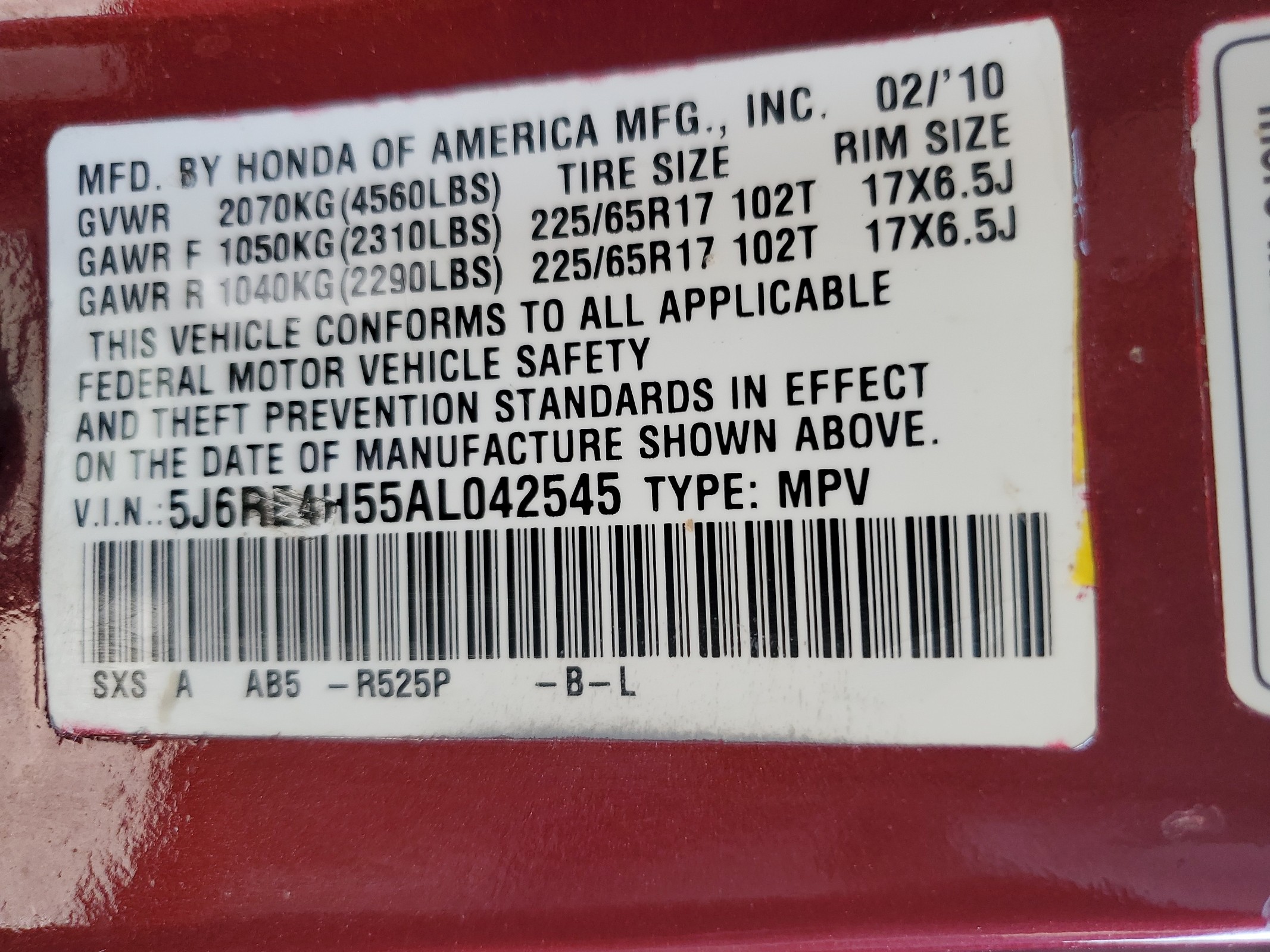 5J6RE4H55AL042545 2010 Honda Cr-V Ex