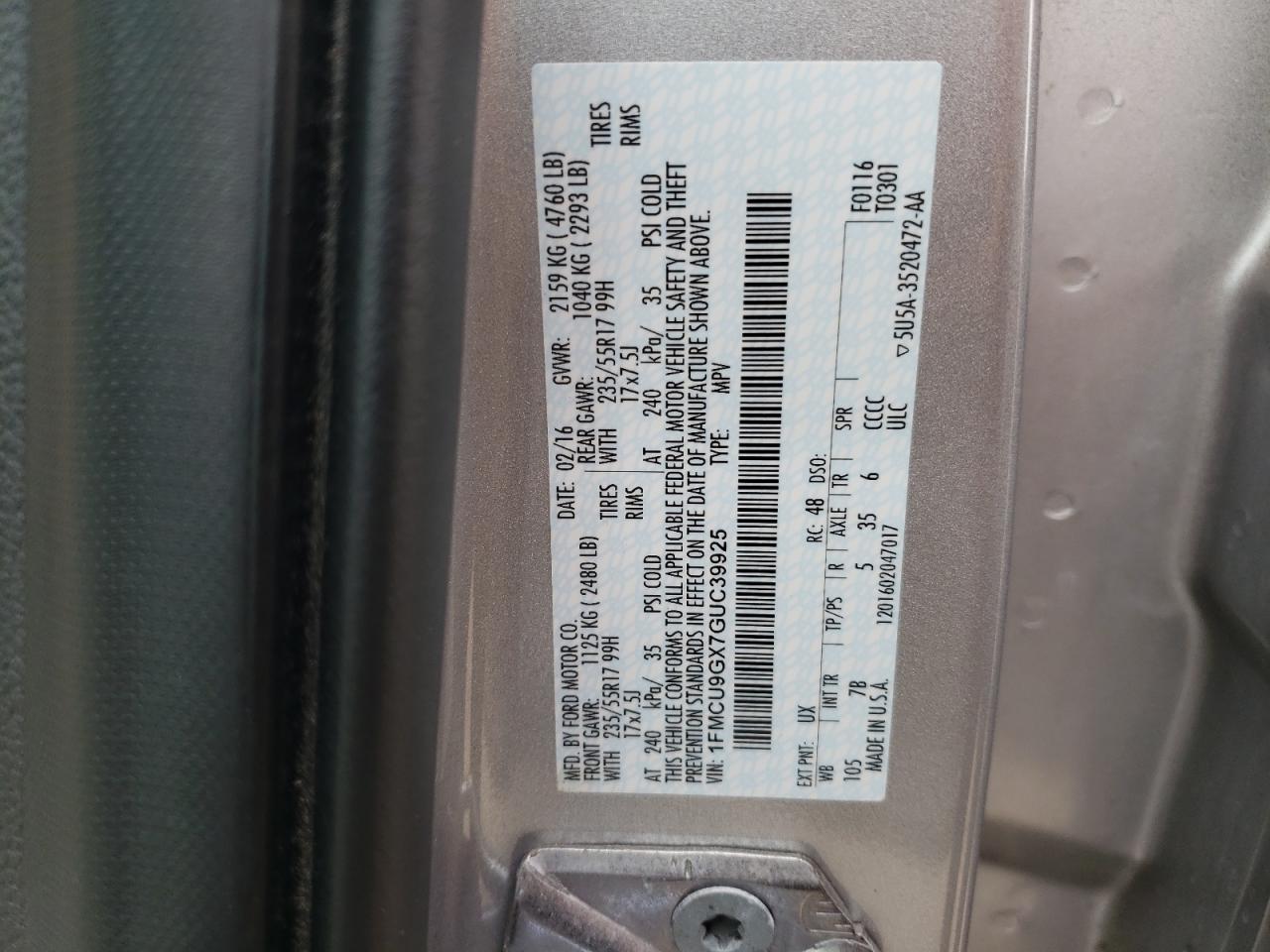 2016 Ford Escape Se VIN: 1FMCU9GX7GUC39925 Lot: 61478984