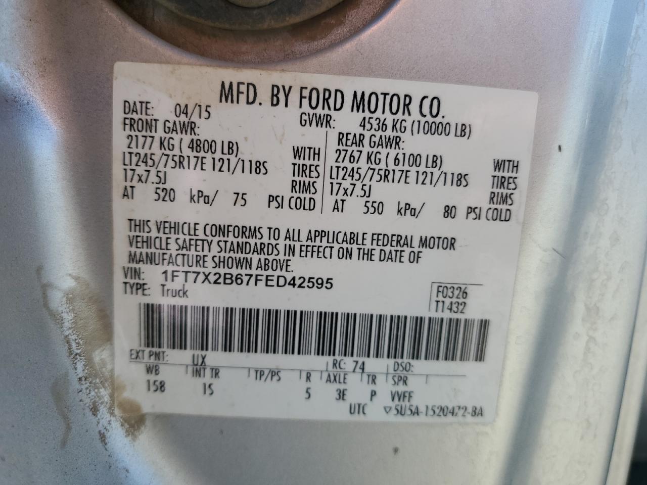 1FT7X2B67FED42595 2015 Ford F250 Super Duty