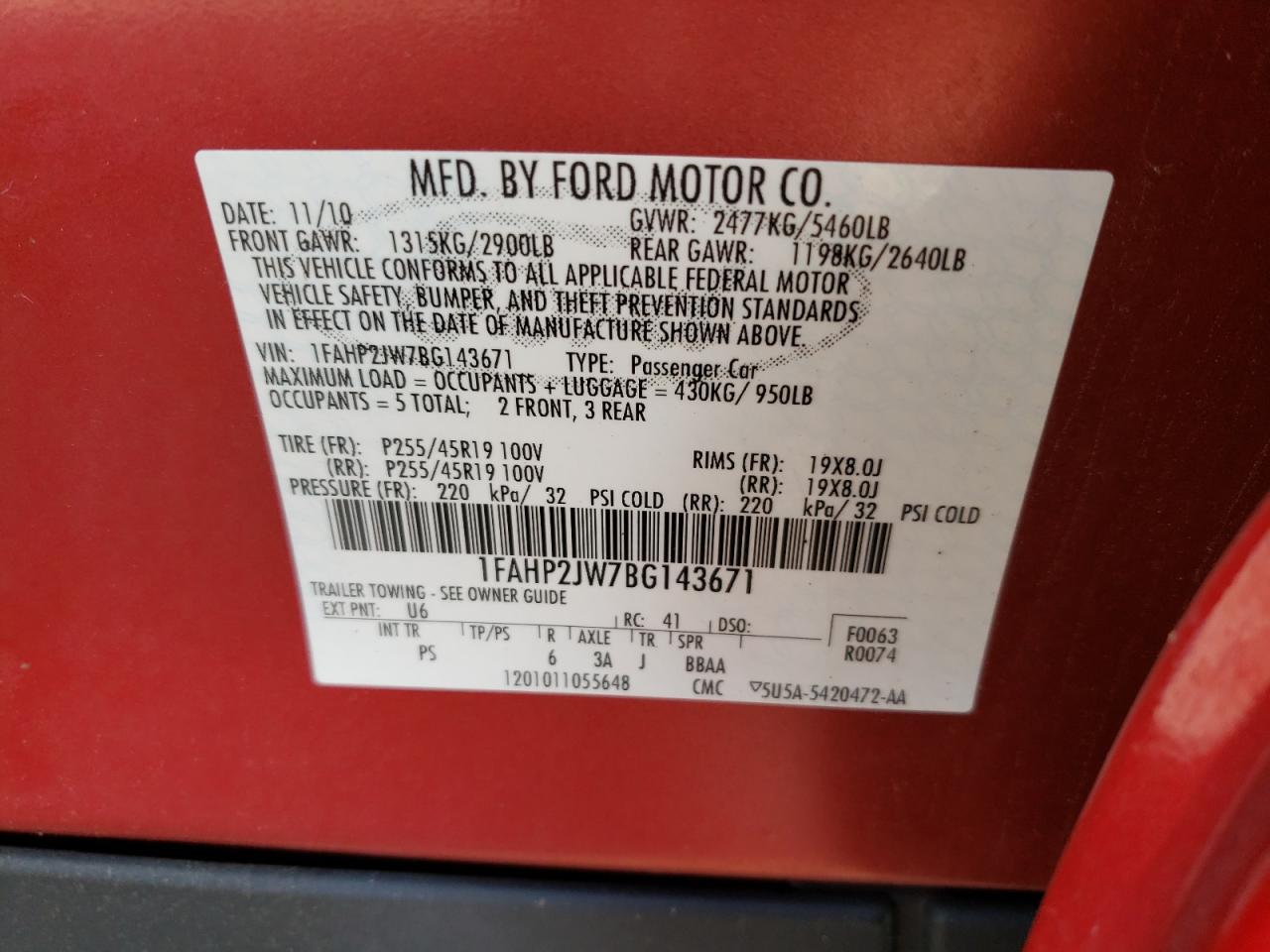 2011 Ford Taurus Limited VIN: 1FAHP2JW7BG143671 Lot: 65194284