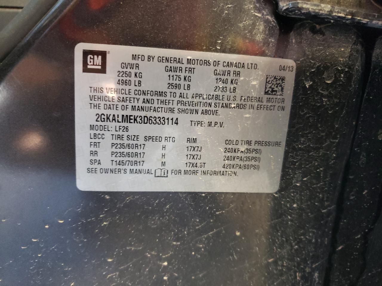 2013 GMC Terrain Sle VIN: 2GKALMEK3D6333114 Lot: 63703114