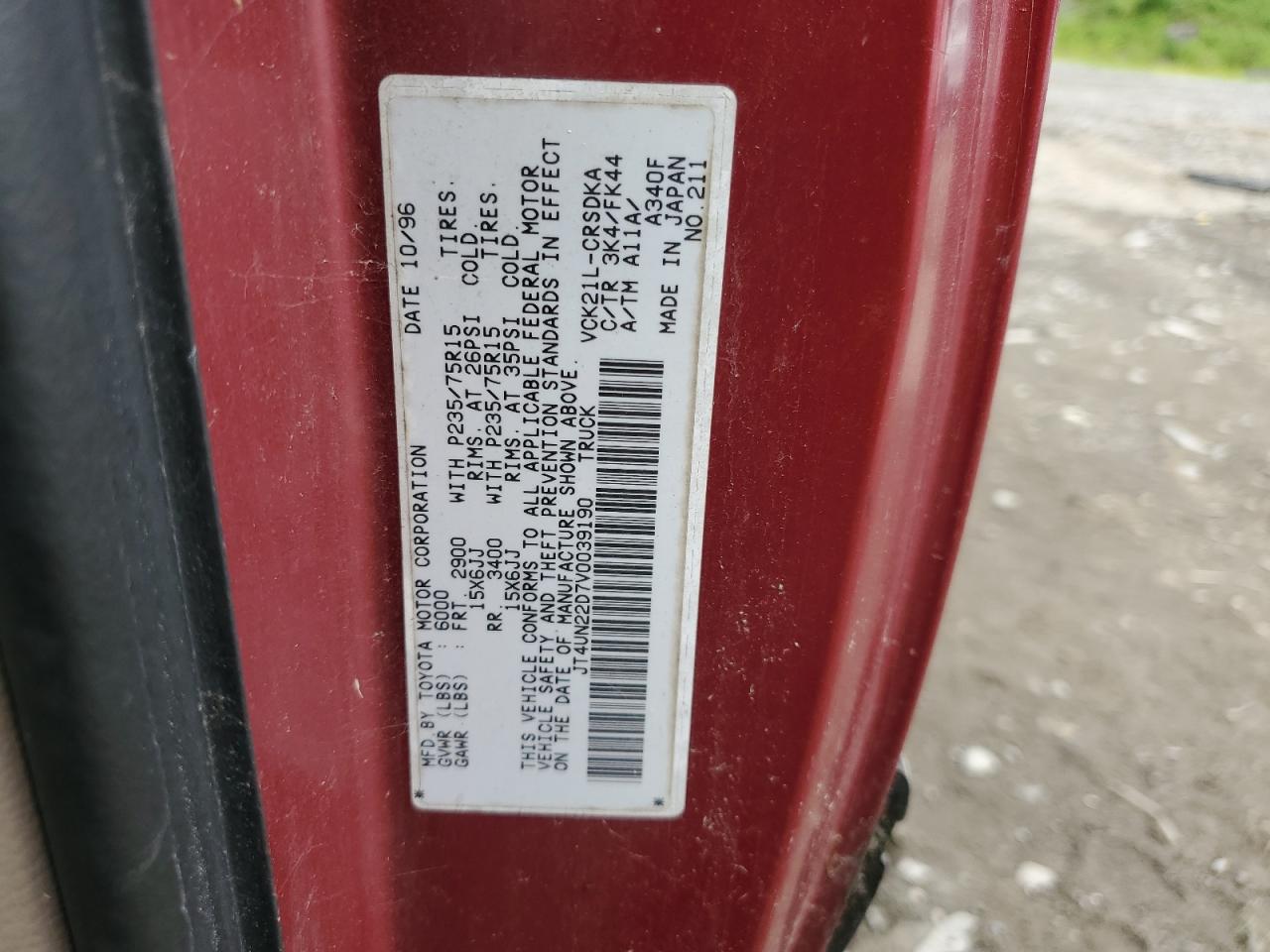 1997 Toyota T100 Xtracab VIN: JT4UN22D7V0039190 Lot: 64991224