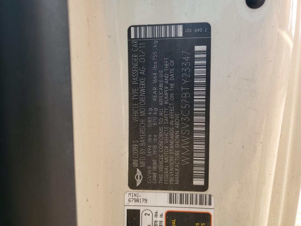 2011 Mini Cooper S VIN: WMWSV3C57BTY23347 Lot: 63343084