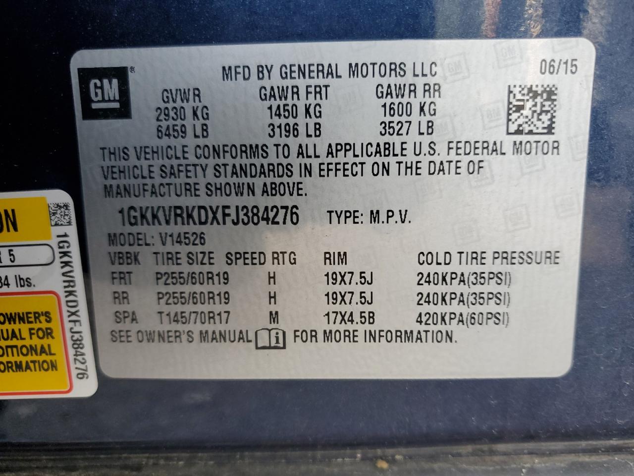 2015 GMC Acadia Slt-1 VIN: 1GKKVRKDXFJ384276 Lot: 63041034