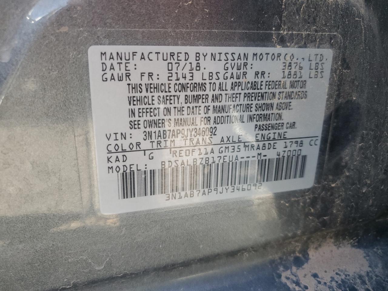 3N1AB7AP9JY346092 2018 Nissan Sentra S