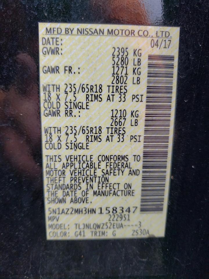 2017 Nissan Murano S VIN: 5N1AZ2MH3HN158347 Lot: 62810054