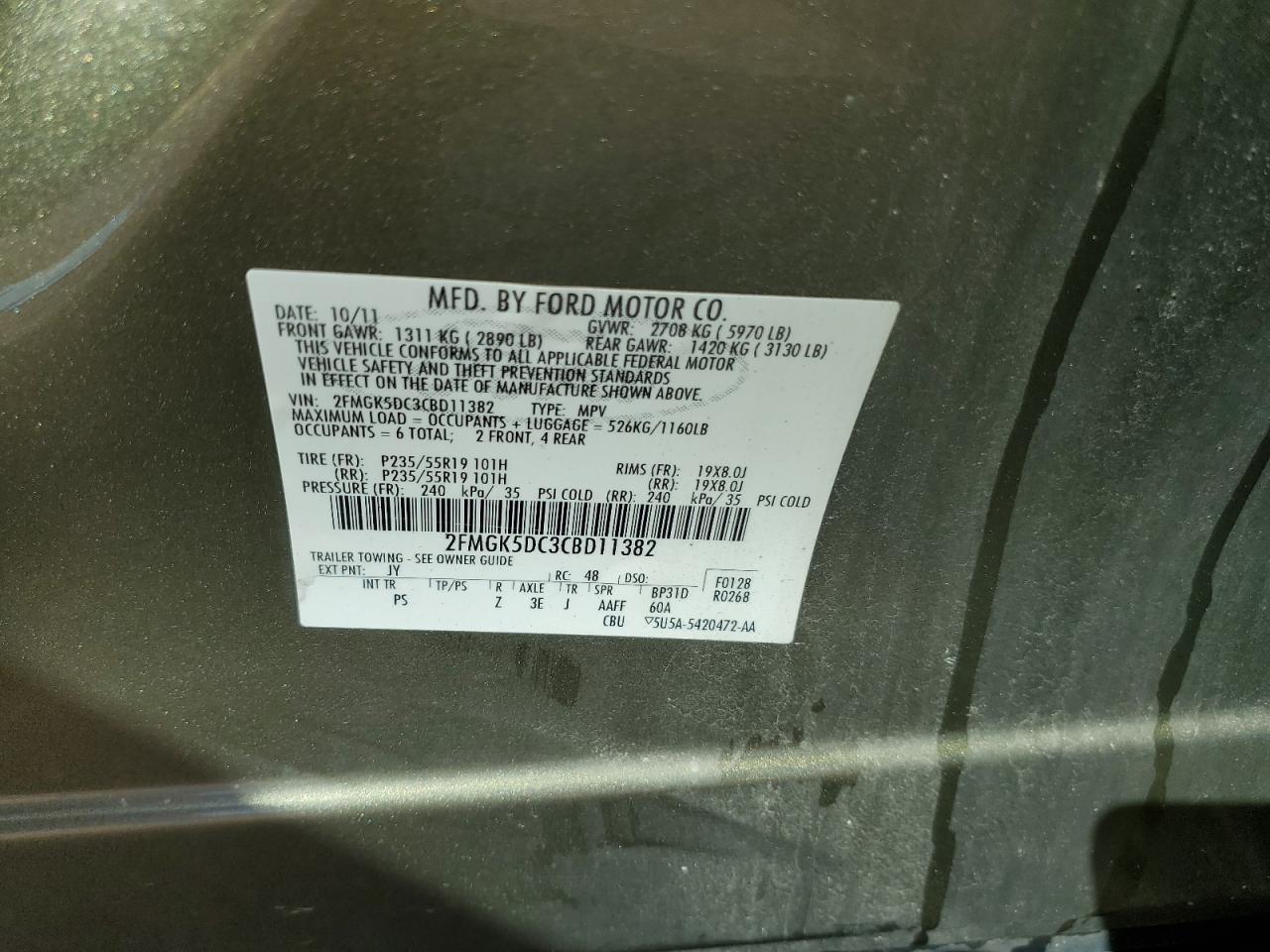 2012 Ford Flex Limited VIN: 2FMGK5DC3CBD11382 Lot: 61636464