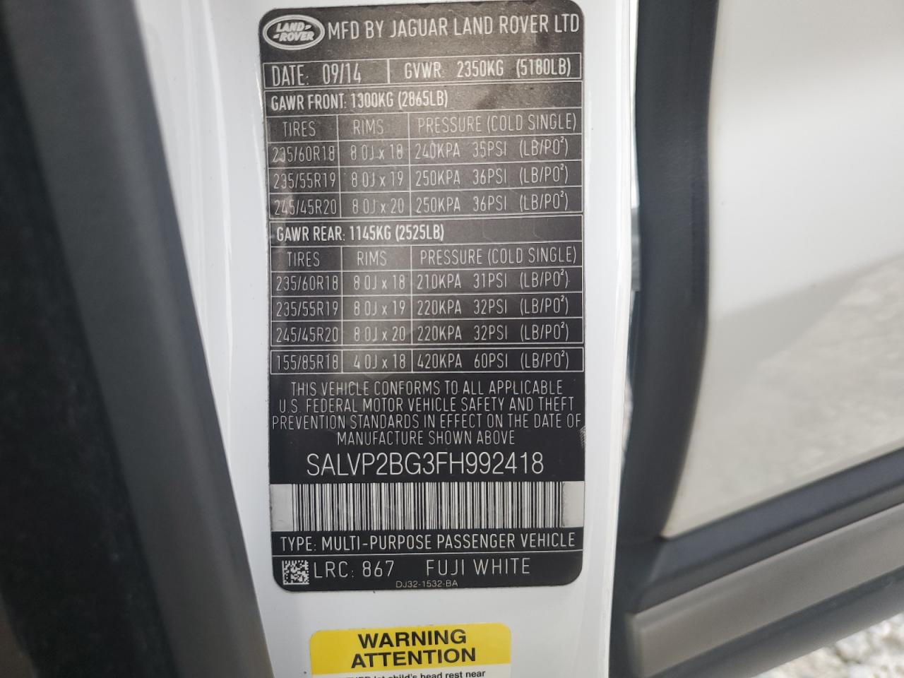 2015 Land Rover Range Rover Evoque Pure Plus VIN: SALVP2BG3FH992418 Lot: 63741634