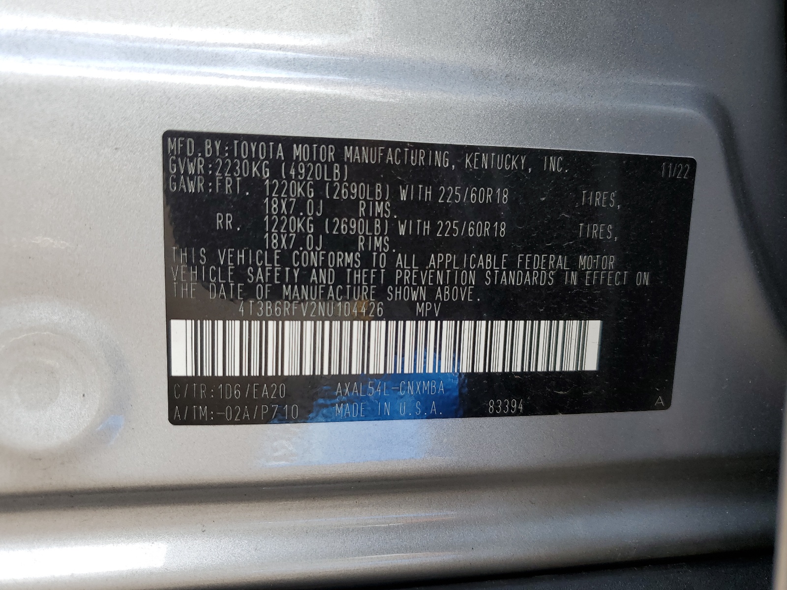 4T3B6RFV2NU104426 2022 Toyota Rav4 Xle Premium