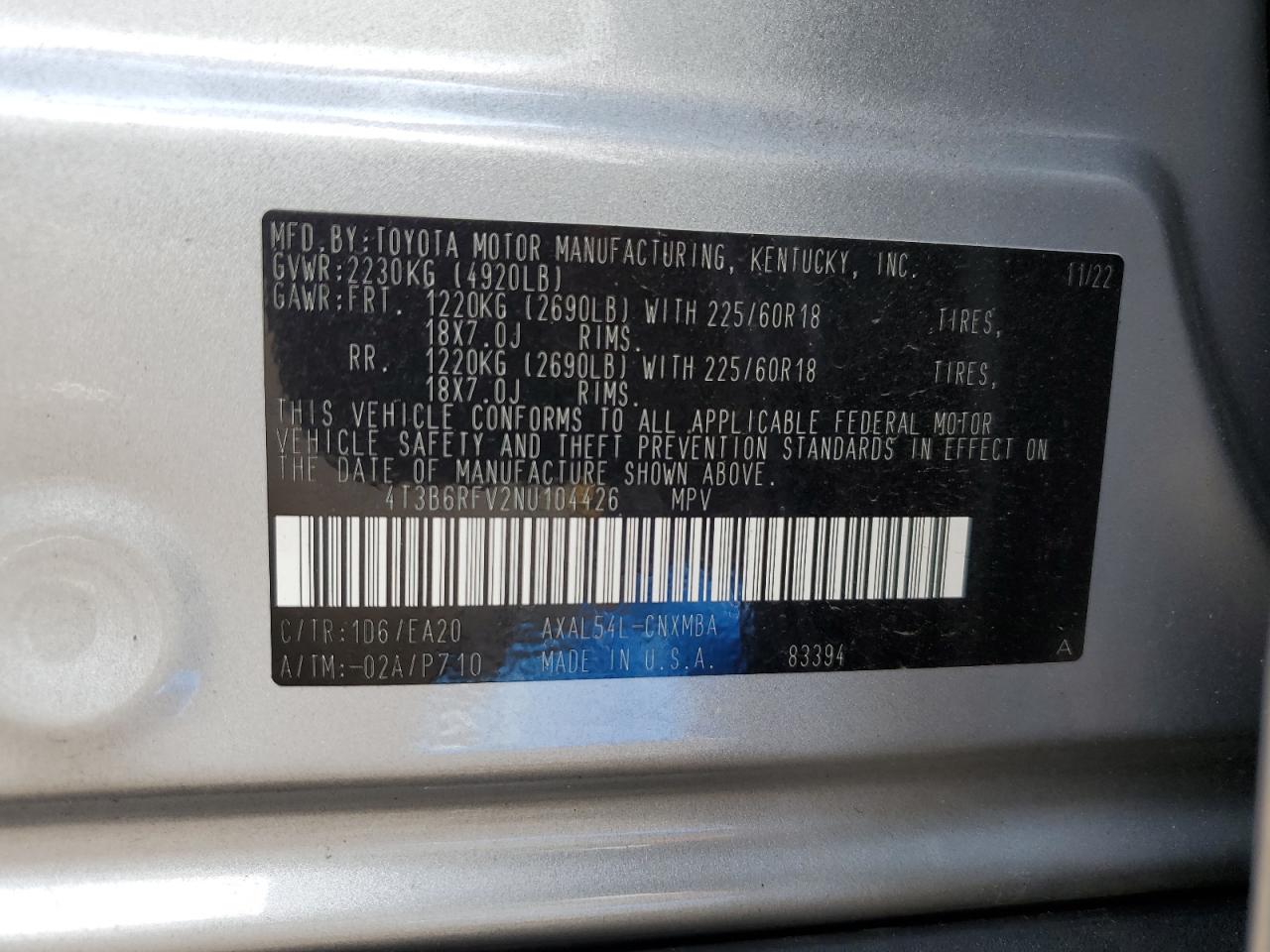 2022 Toyota Rav4 Xle Premium VIN: 4T3B6RFV2NU104426 Lot: 63430774