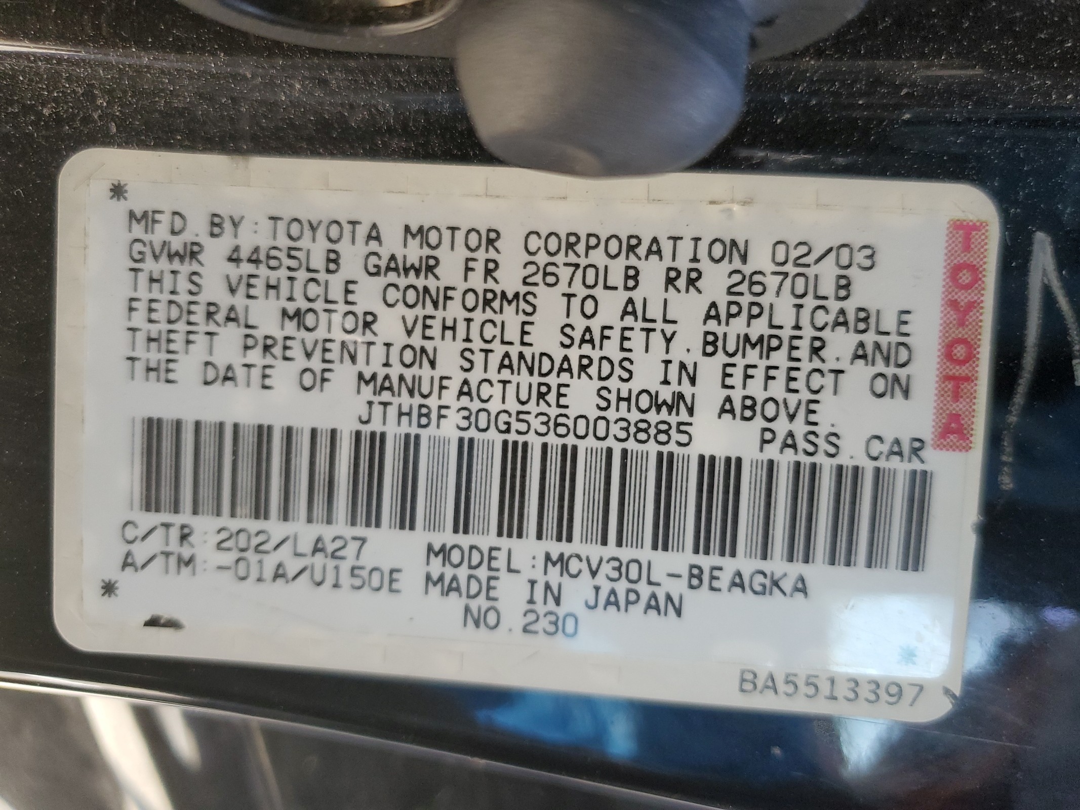 JTHBF30G536003885 2003 Lexus Es 300