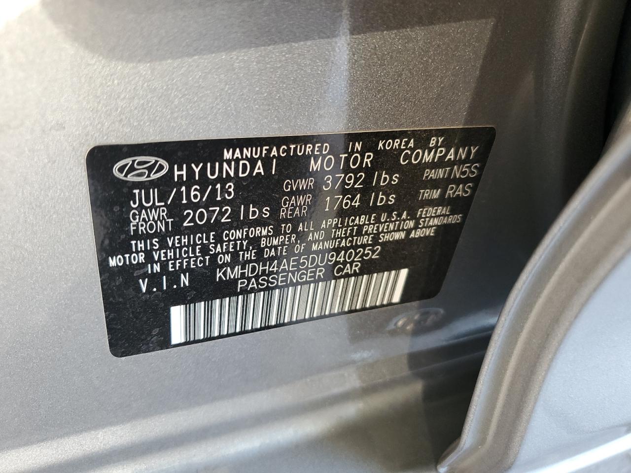 2013 Hyundai Elantra Gls VIN: KMHDH4AE5DU940252 Lot: 62075154