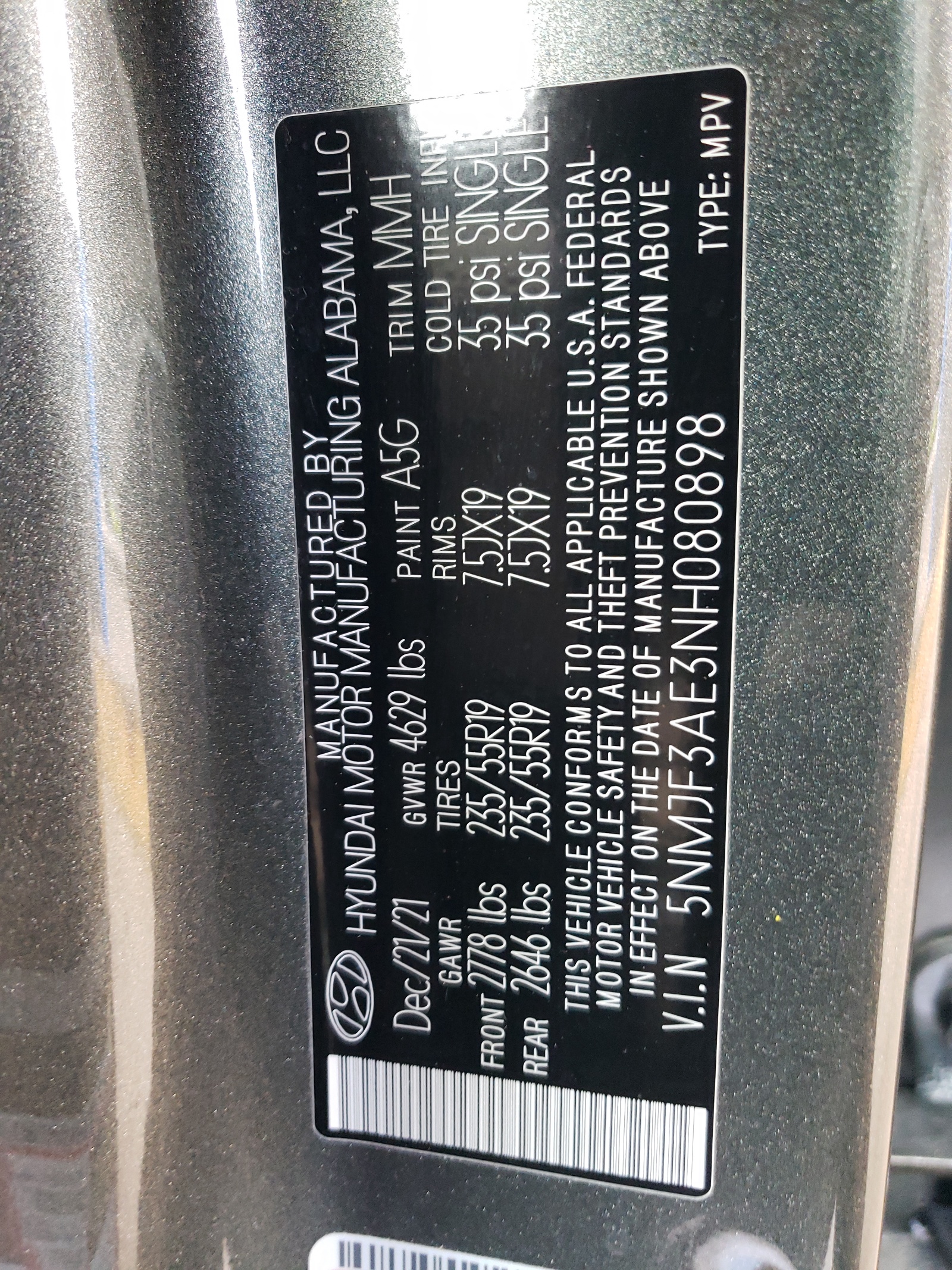 5NMJF3AE3NH080898 2022 Hyundai Tucson Sel