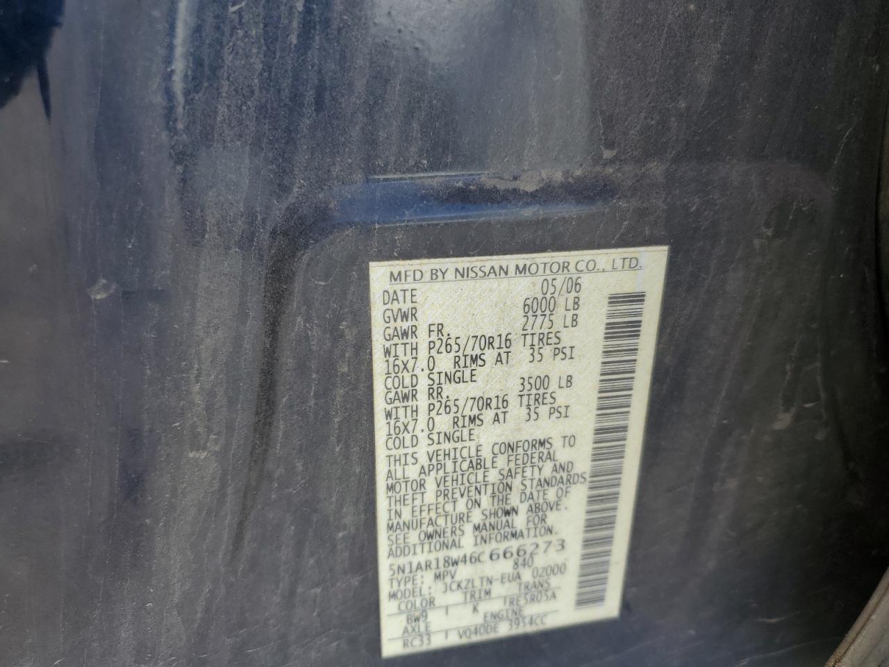 2006 Nissan Pathfinder Le VIN: 5N1AR18W46C666273 Lot: 65462794