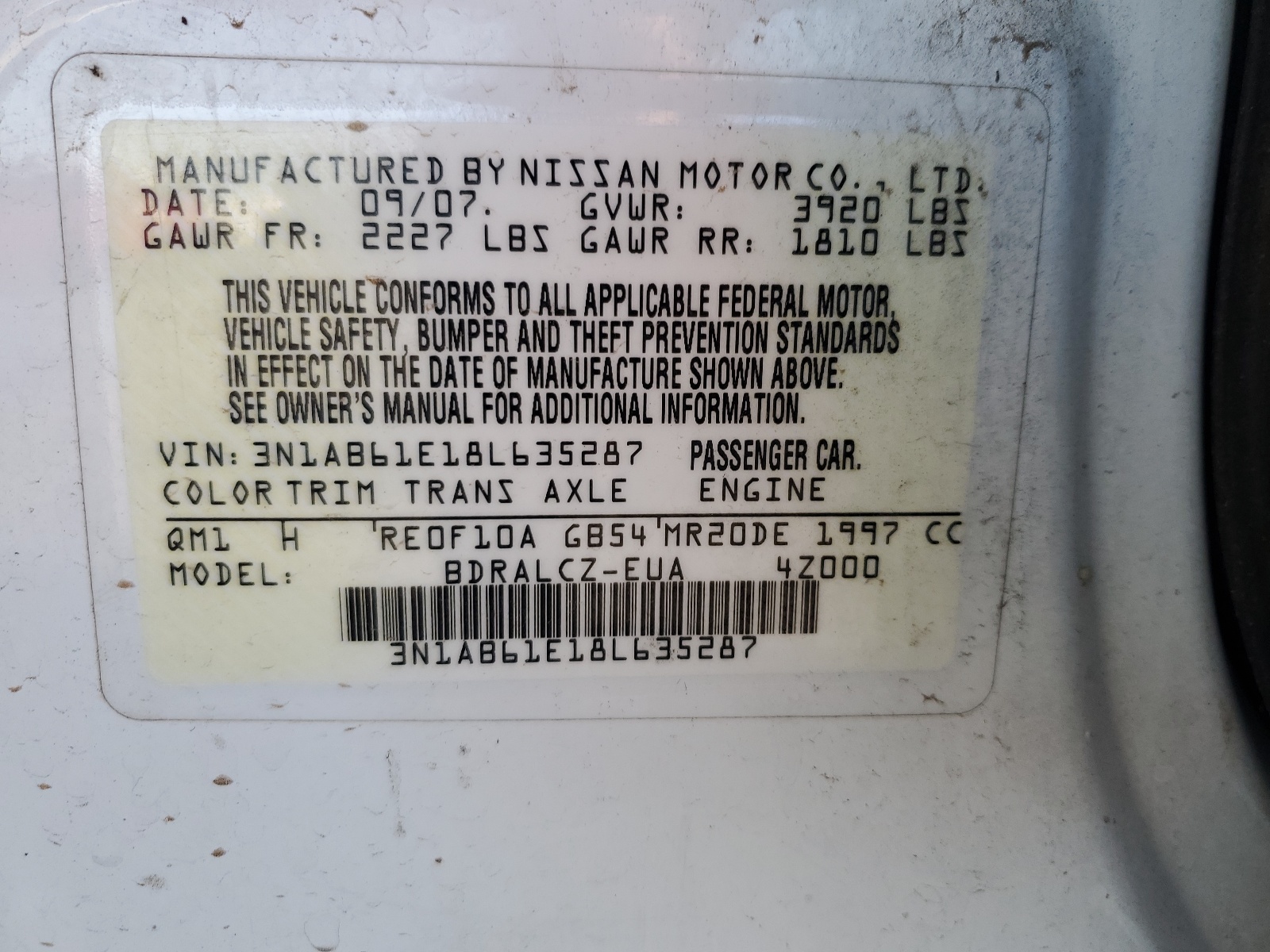 3N1AB61E18L635287 2008 Nissan Sentra 2.0