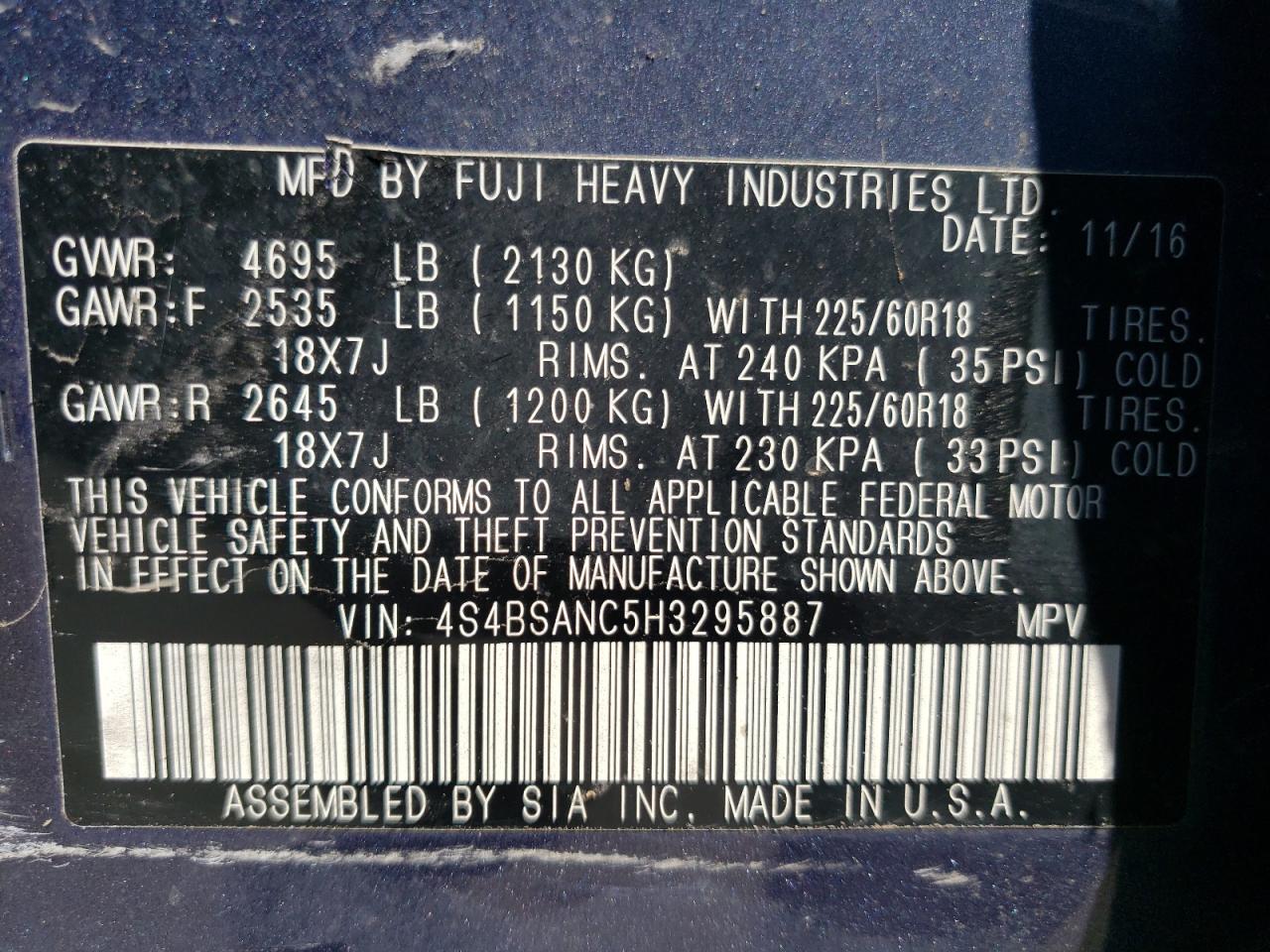 2017 Subaru Outback 2.5I Limited VIN: 4S4BSANC5H3295887 Lot: 61698014