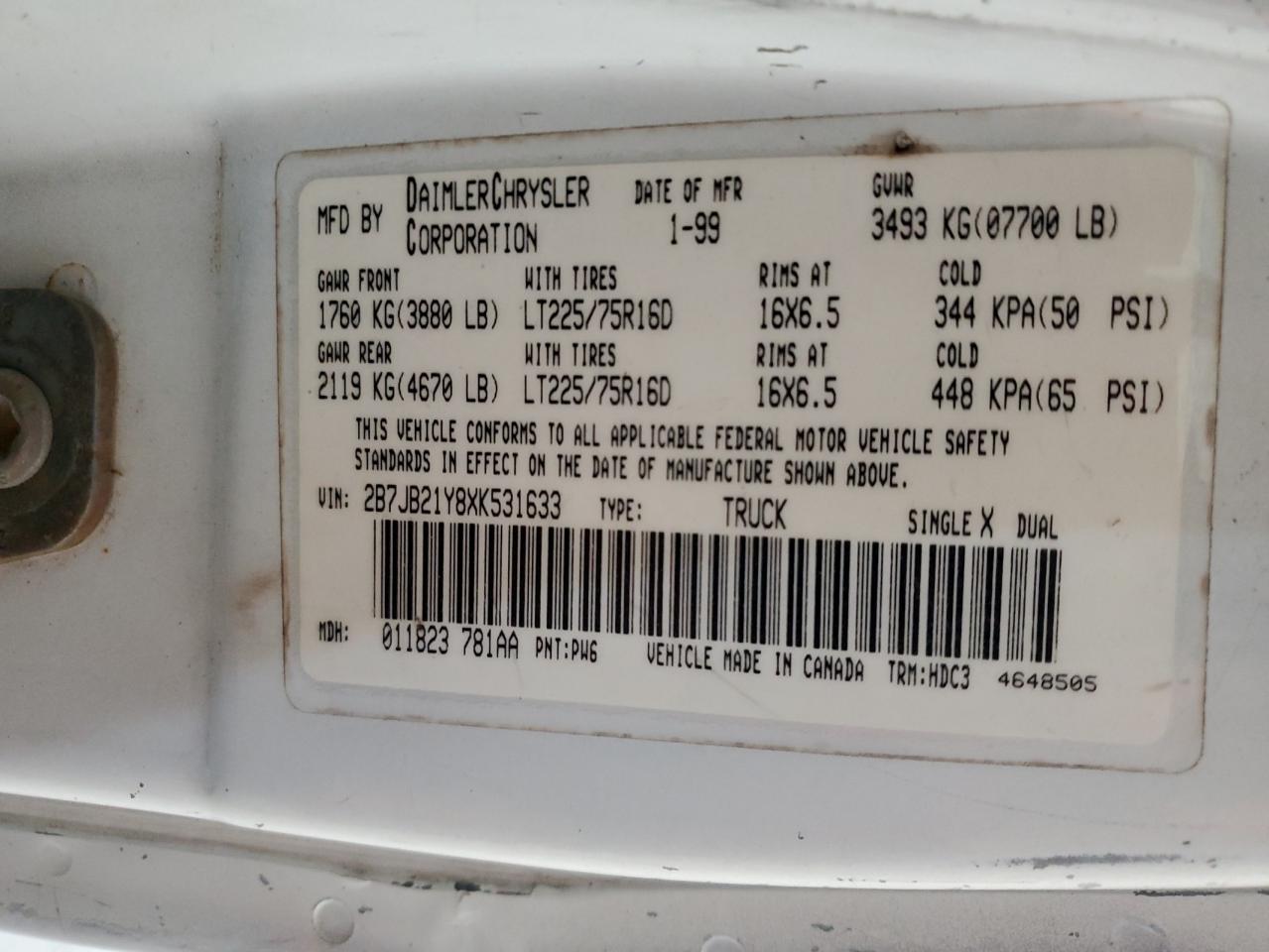 1999 Dodge Ram Van B2500 VIN: 2B7JB21Y8XK531633 Lot: 64807454