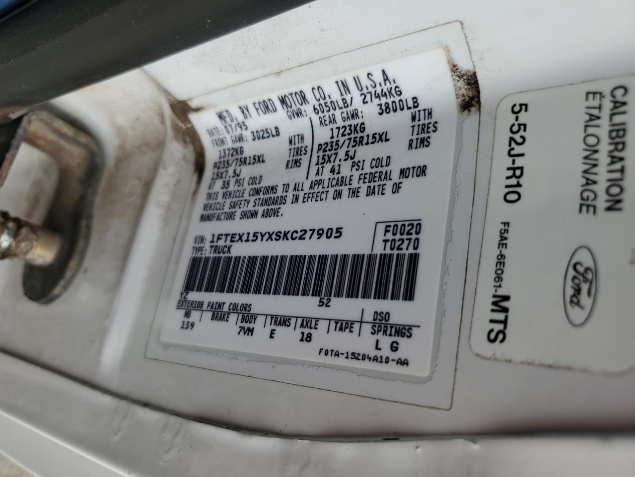 1995 Ford F150 VIN: 1FTEX15YXSKC27905 Lot: 63405814